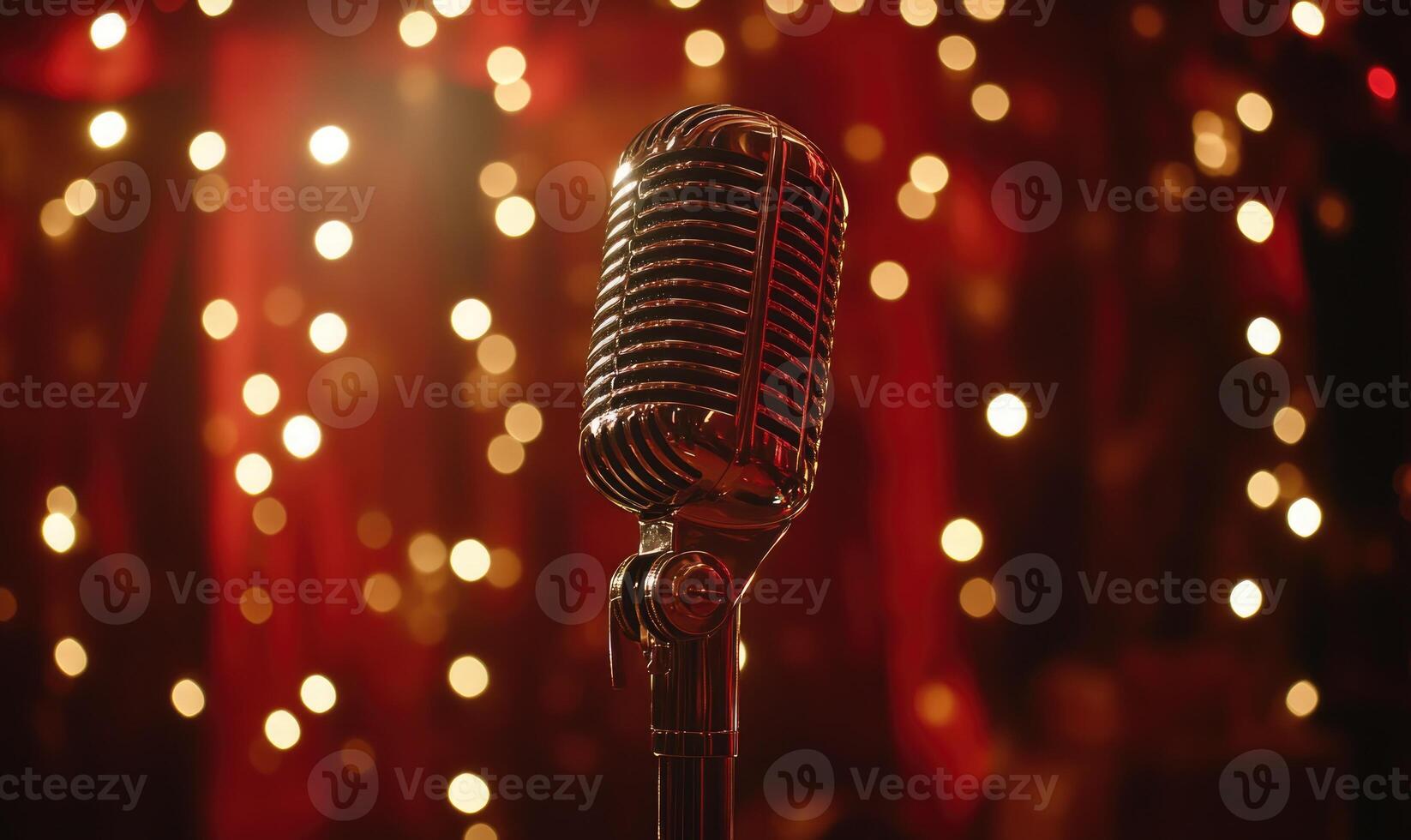 A microphone is on a red background with a lot of lights photo