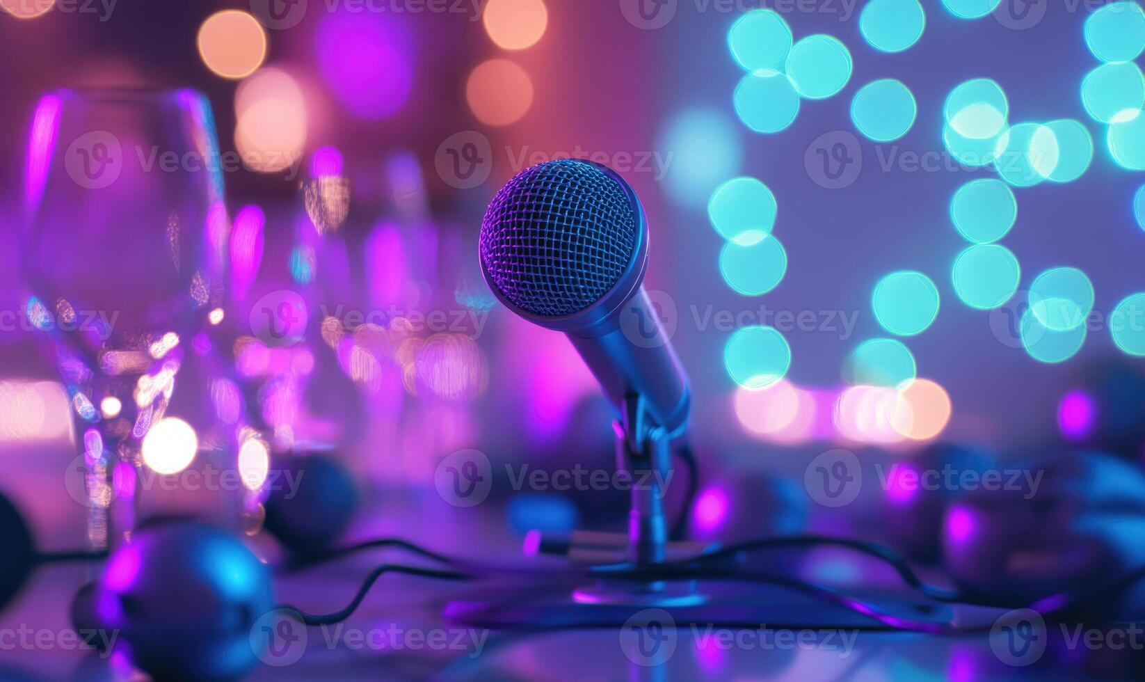 A microphone is on a table with a glass of wine, bokeh background photo