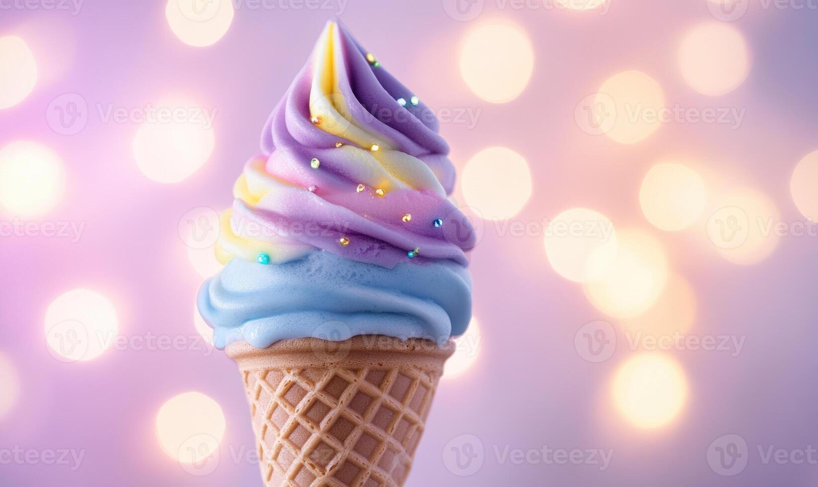 A colorful ice cream cone with blue, purple and yellow swirls photo
