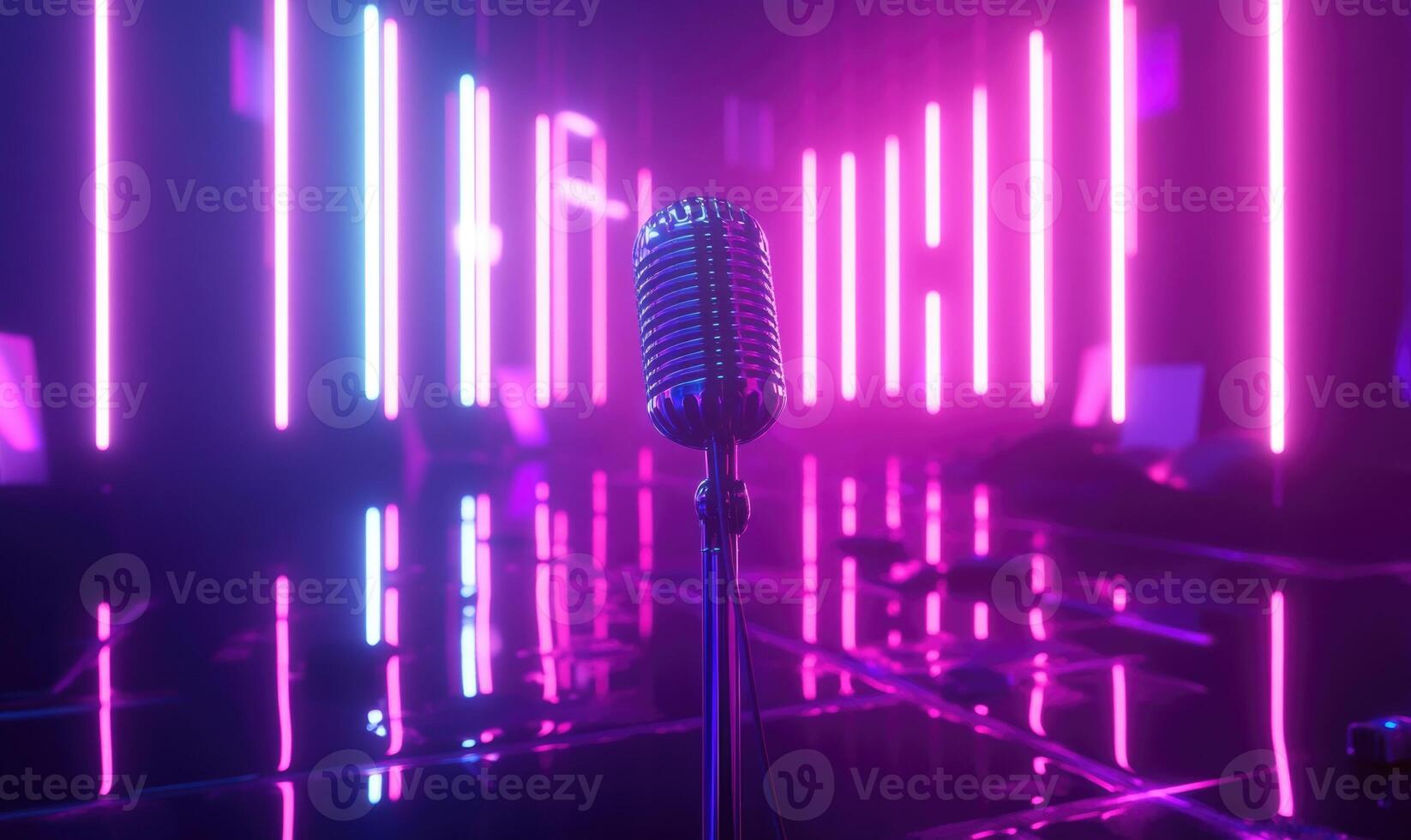 A microphone is in front of a wall of neon lights photo