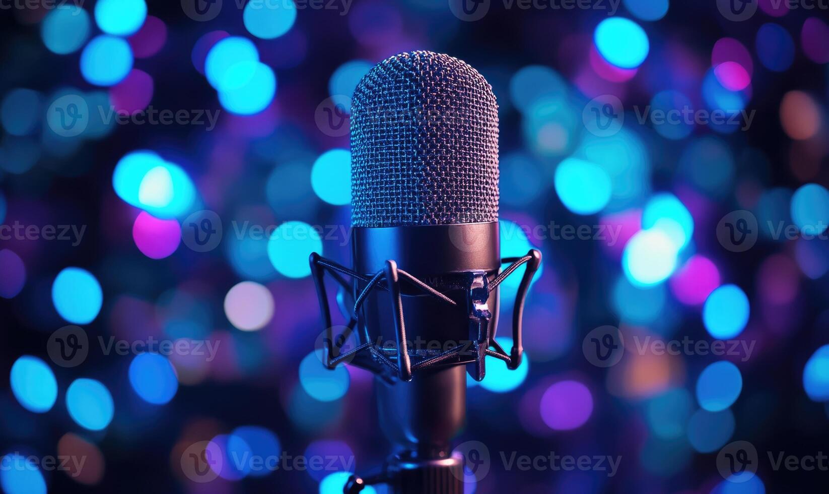 a microphone on a blue background with lights photo