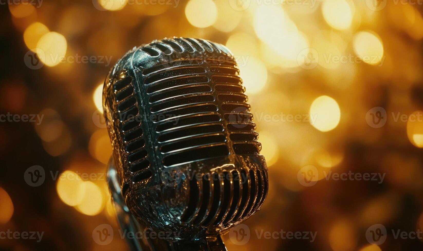 A microphone is shown in a blurry background with a bright orange glow photo
