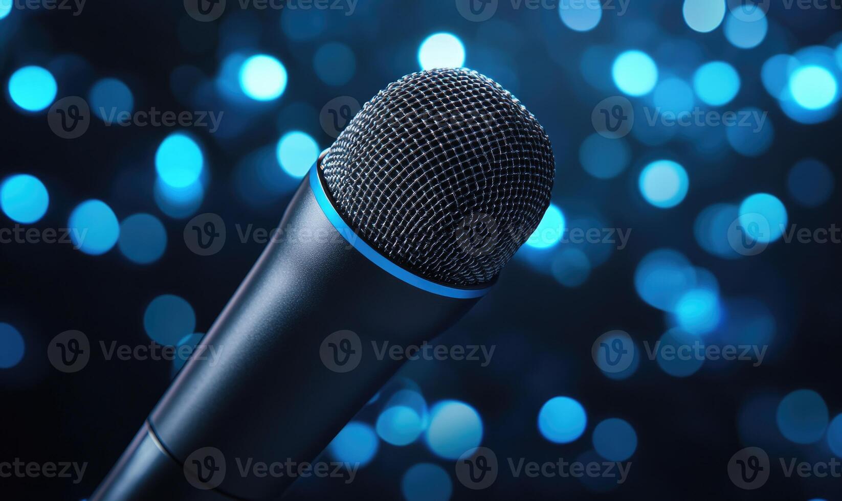 A microphone is shown with a blue cord and a black microphone head photo