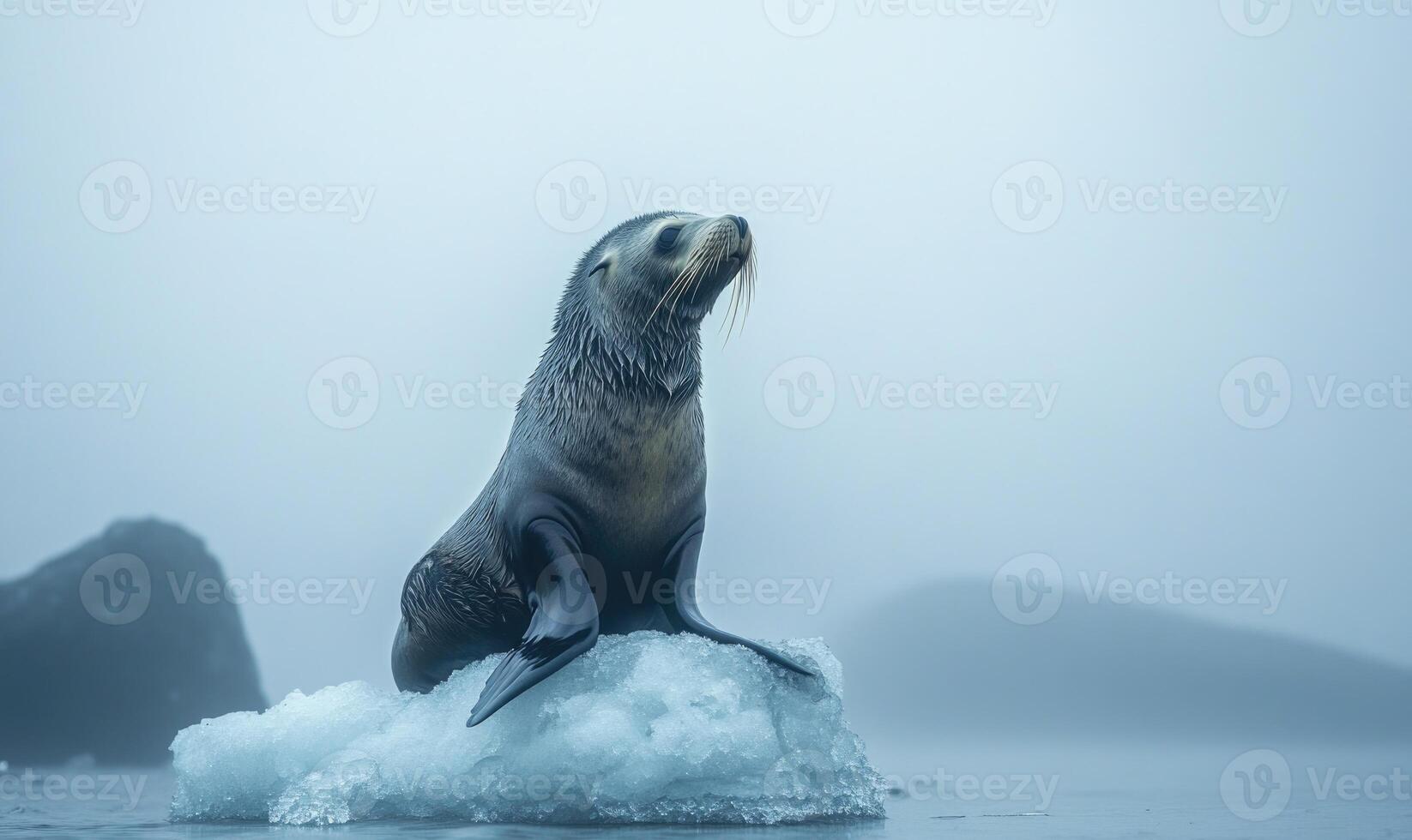A seal is sitting on top of a block of ice photo