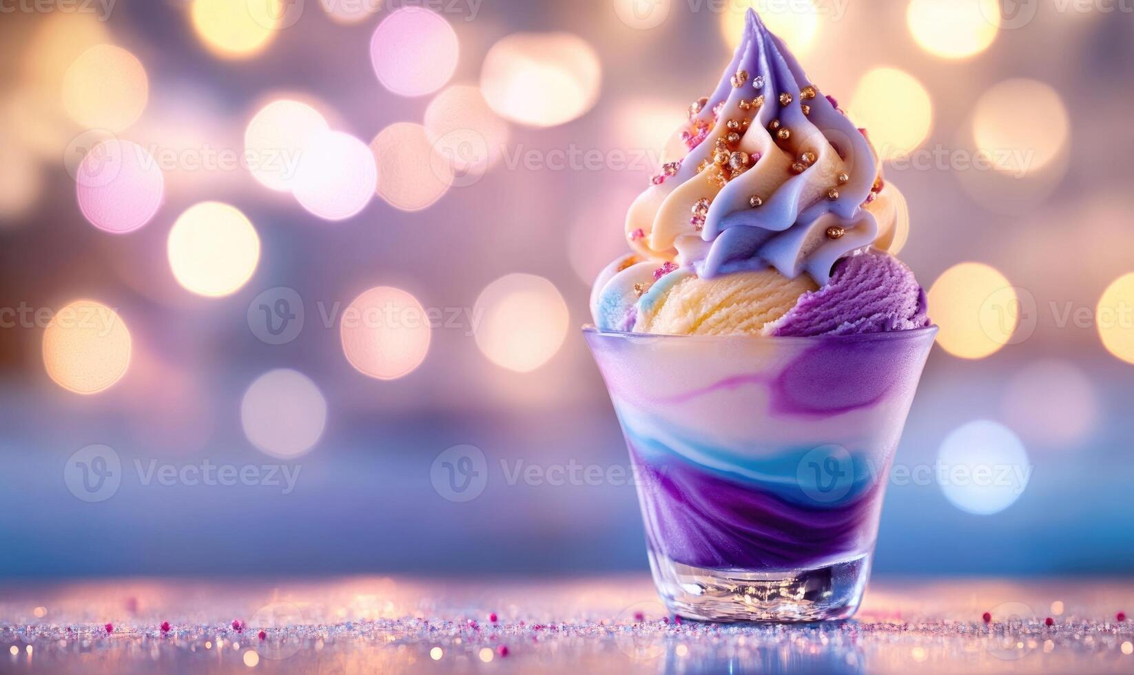 A colorful ice cream cup with purple and yellow swirls photo