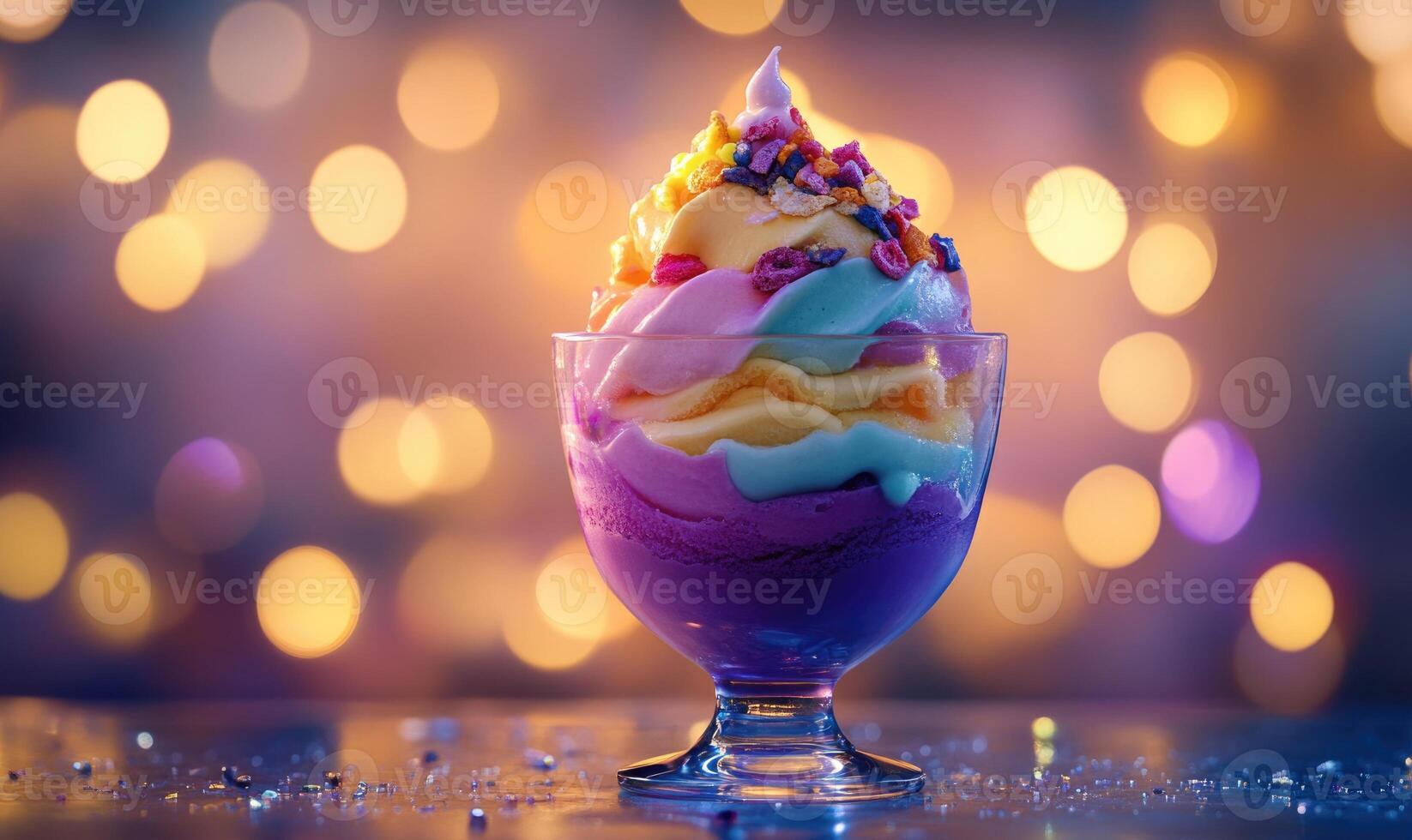 A colorful ice cream sundae in a glass bowl with a purple swirl photo