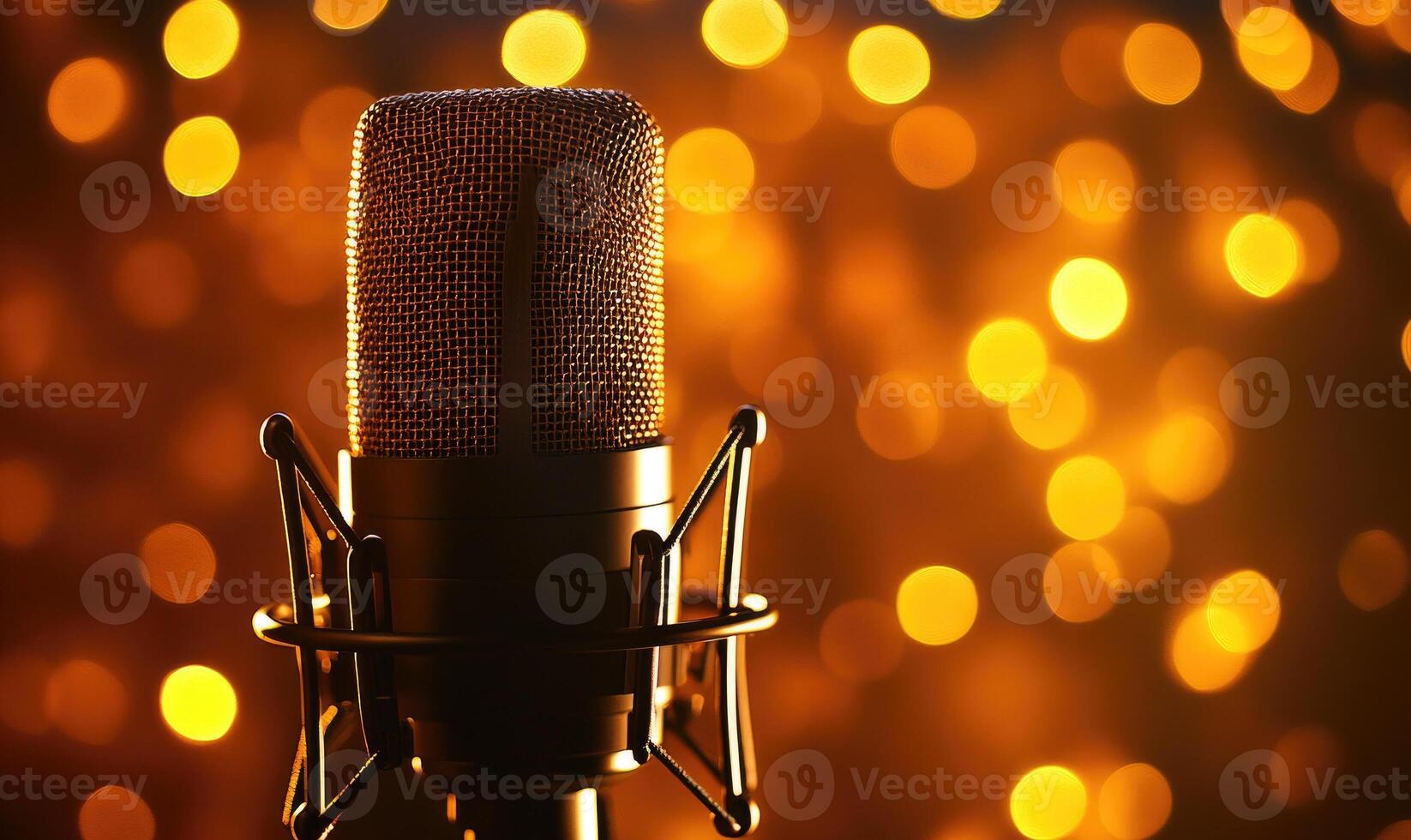 a microphone is shown in front of a background of lights photo