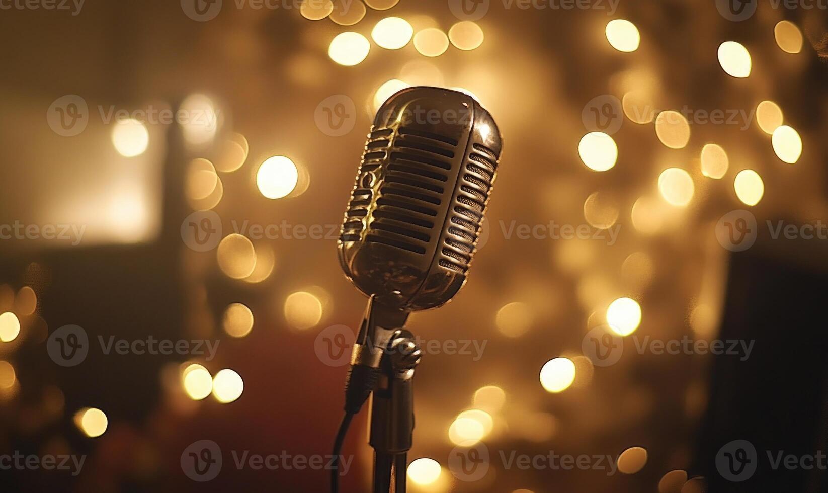 a microphone is in front of a background of lights photo
