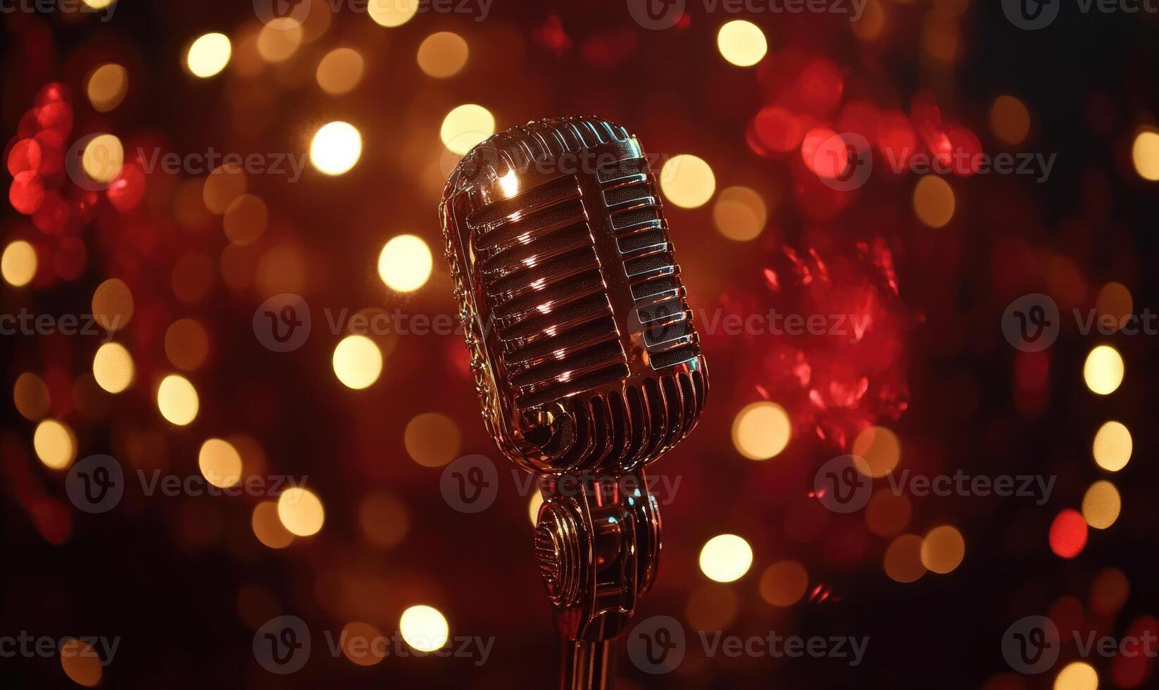 A microphone is on a microphone stand in front of a red background photo