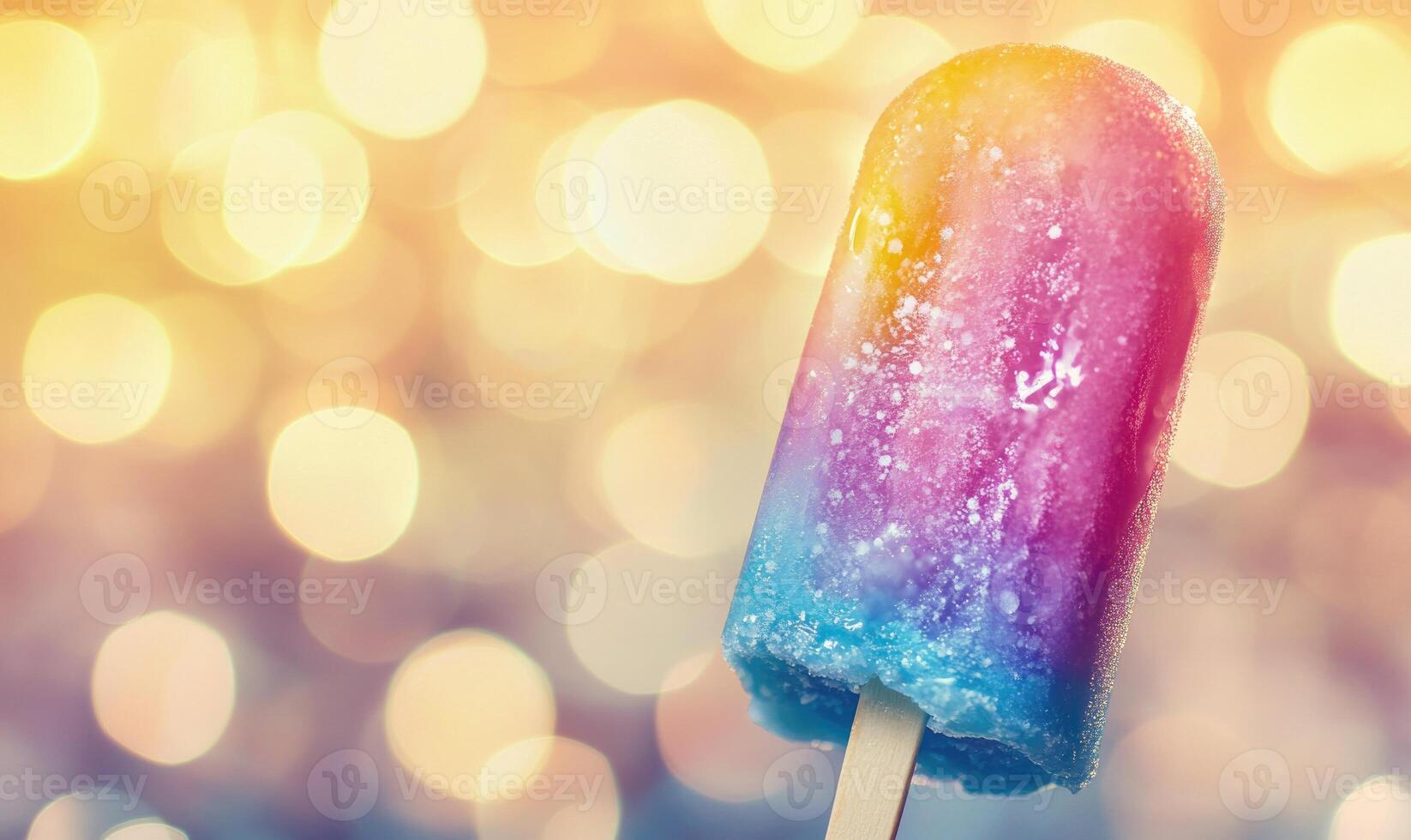 A colorful ice cream stick with a blue, pink, and yellow ice cream photo