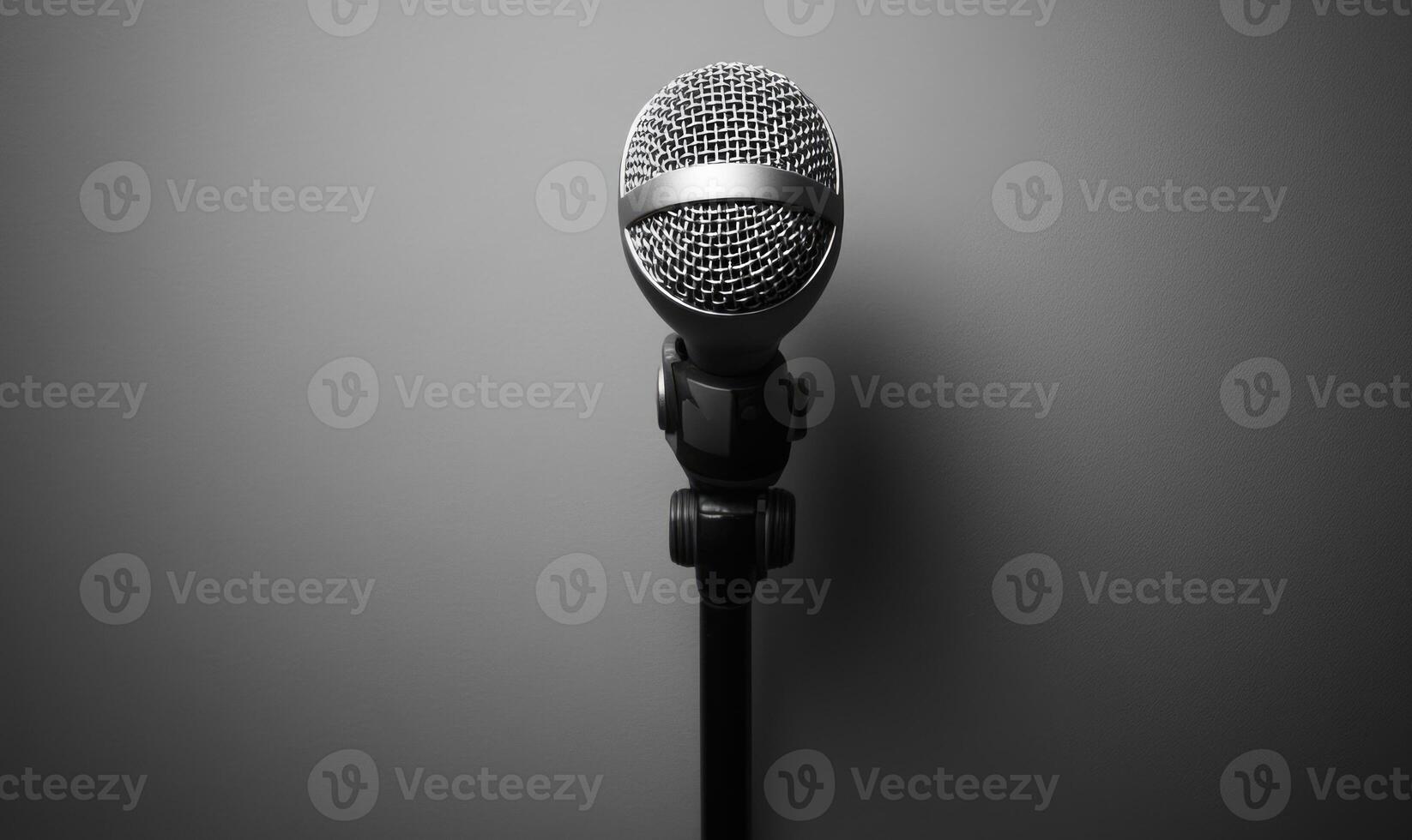 A microphone is on a stand in front of a gray wall photo