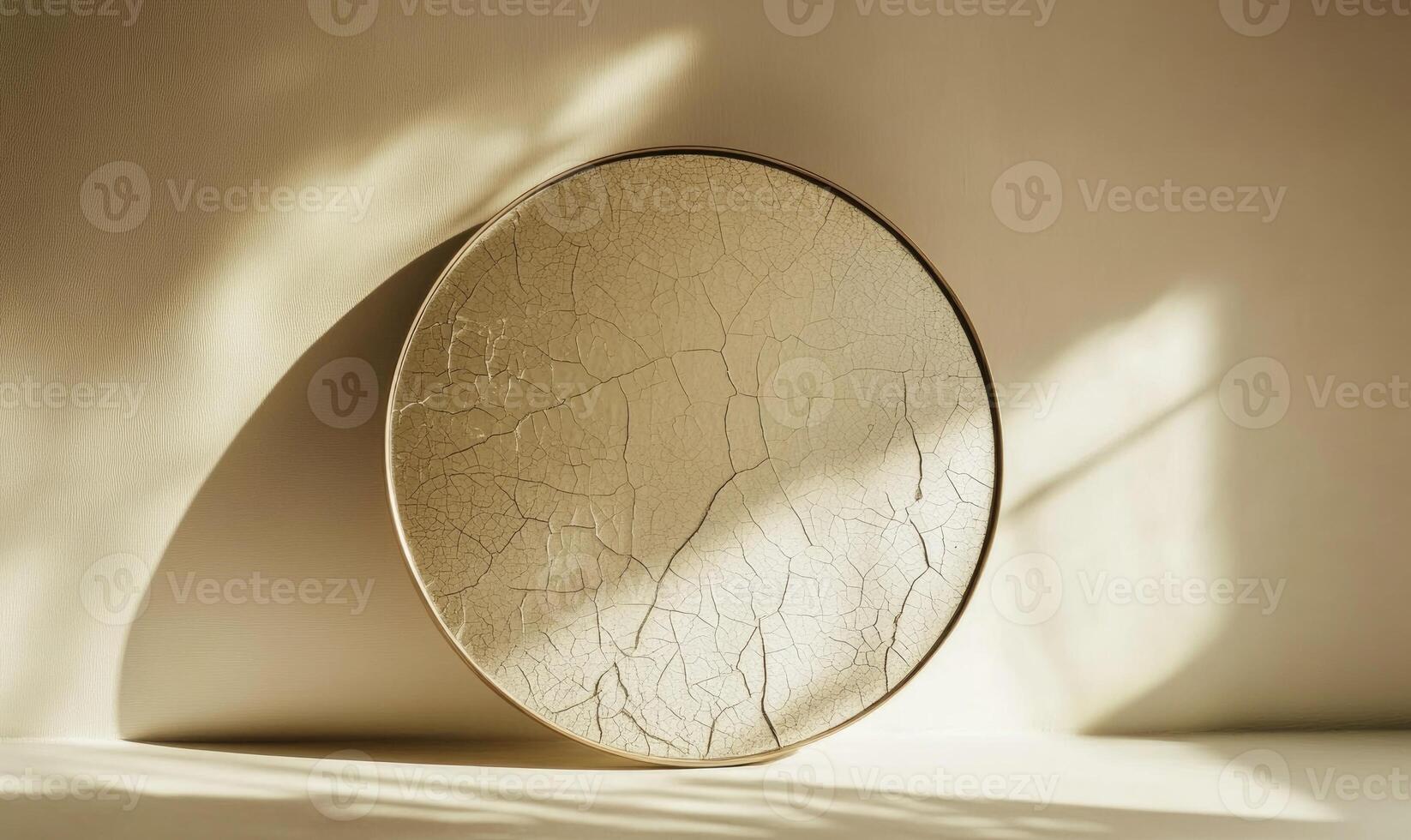 A round white plate with a crack in it sits on a white surface photo