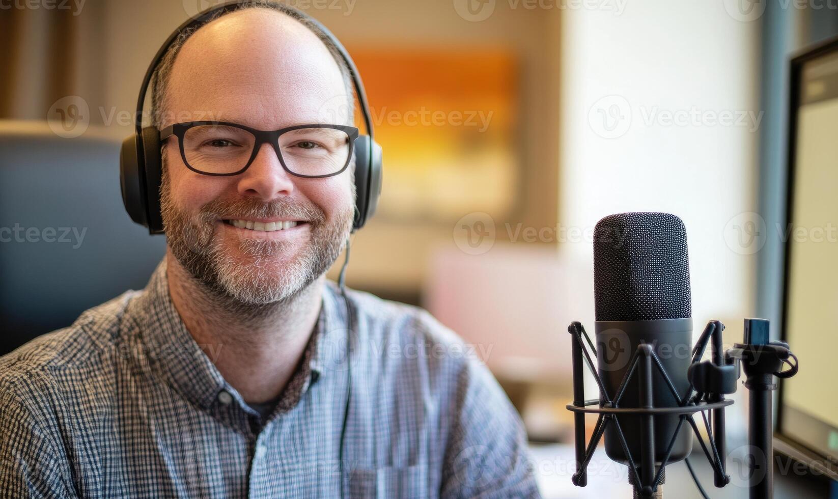 A man wearing glasses and a microphone is smiling photo
