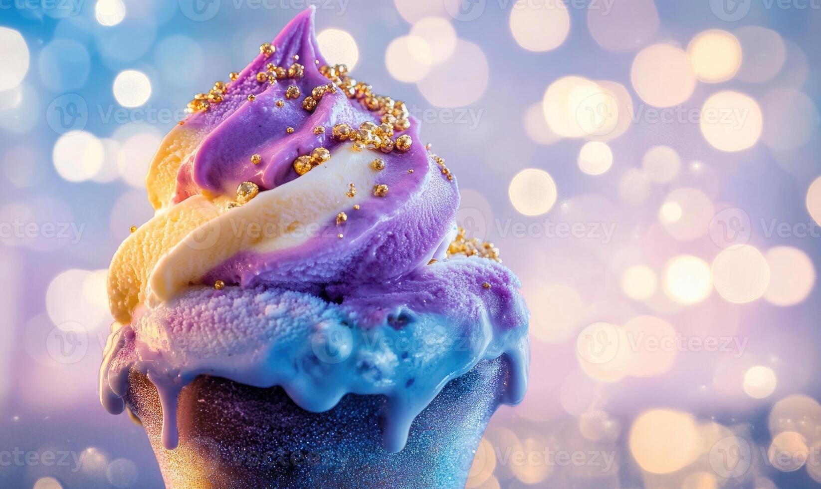 A purple and white ice cream cone with gold sprinkles on top photo
