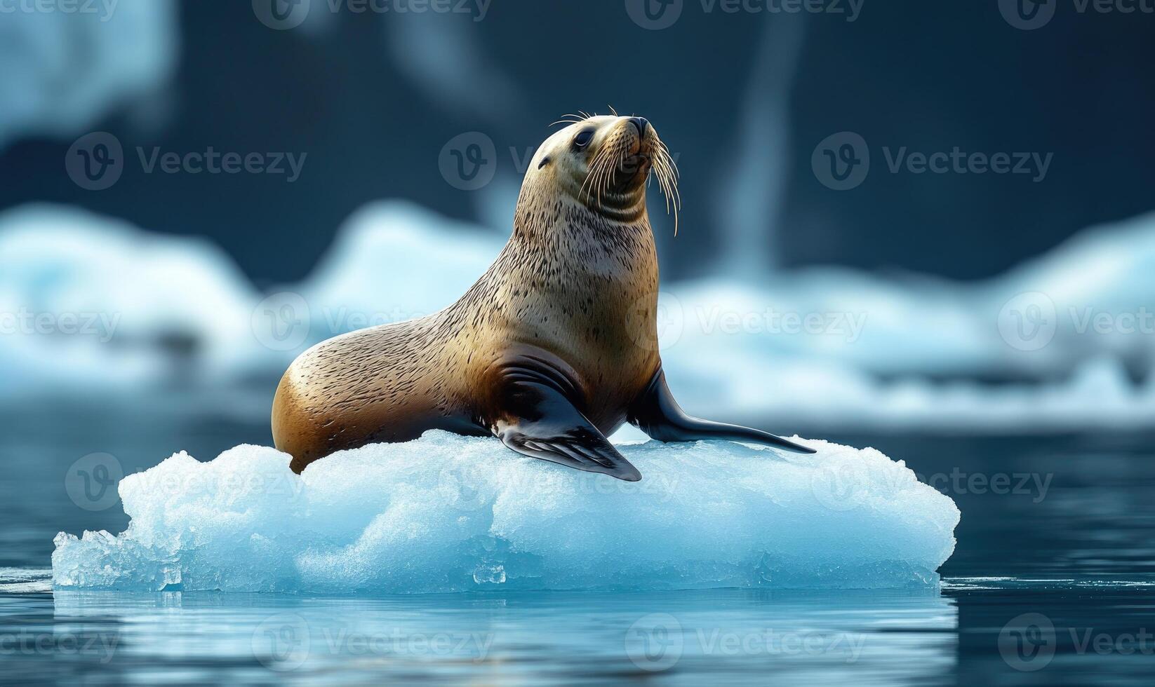A seal is laying on top of a block of ice photo