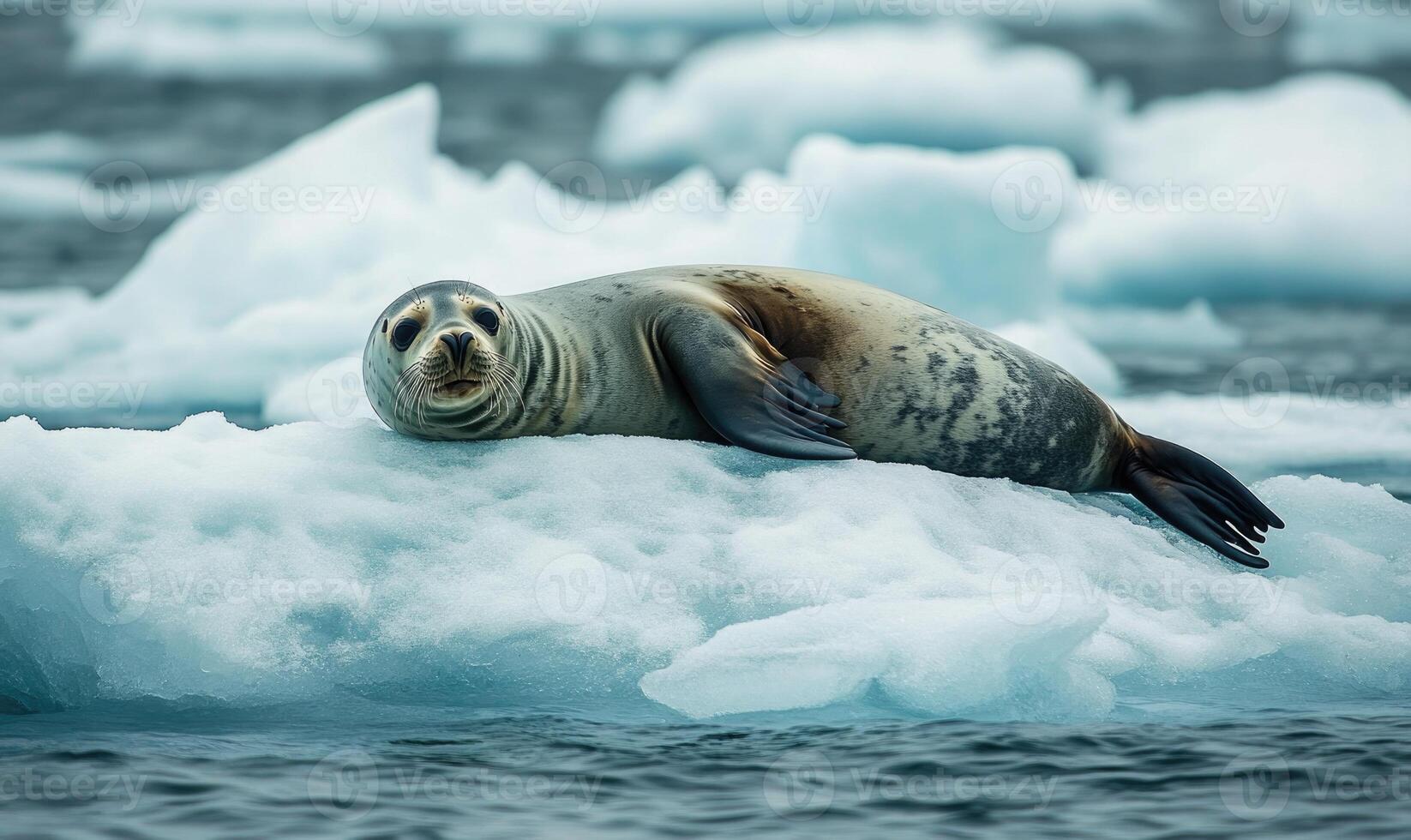 a seal is laying on an ice floe photo