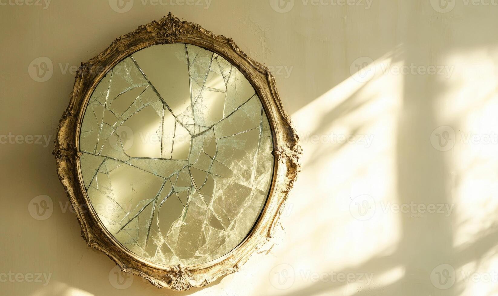 broken mirror on the wall in a room photo