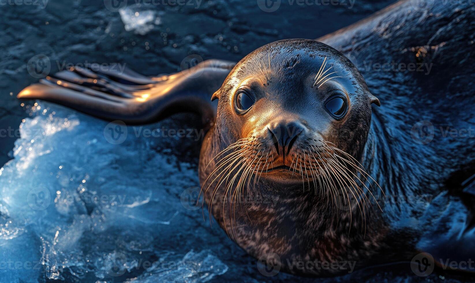 A seal is swimming in the ocean with its head above the water photo