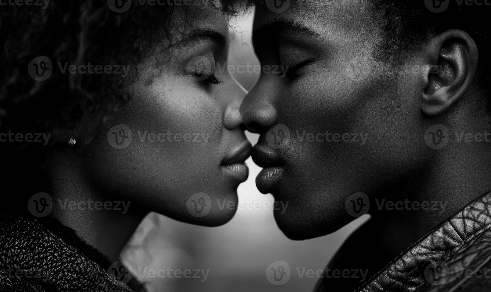 a black and white photo of a couple kissing