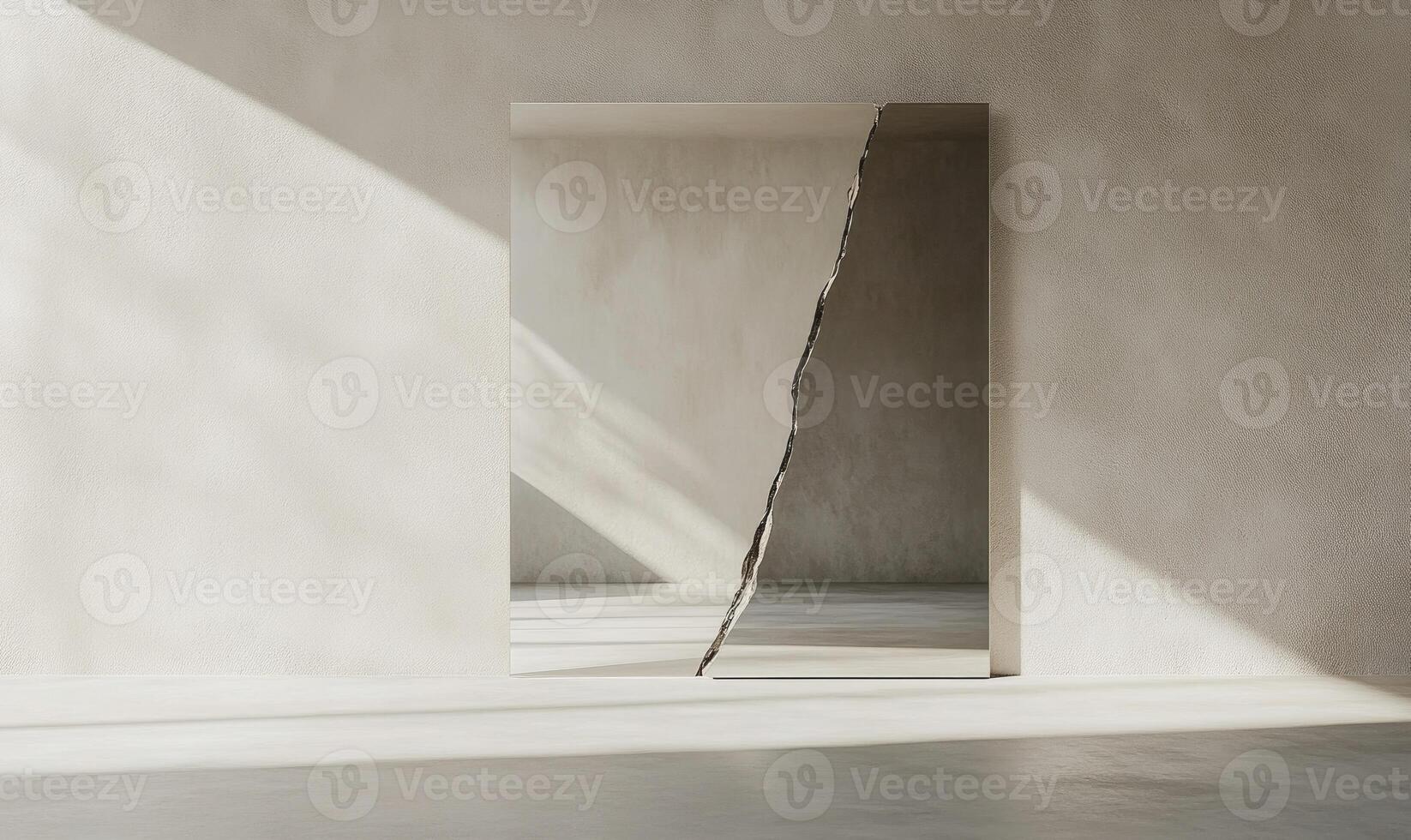 A large mirror is reflected in a wall with a large crack in it photo