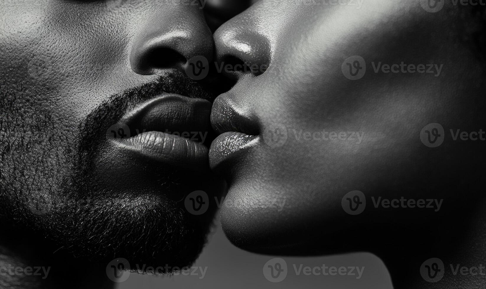 Closeup portrait of couple kissing. Black and white photo, closeup photo