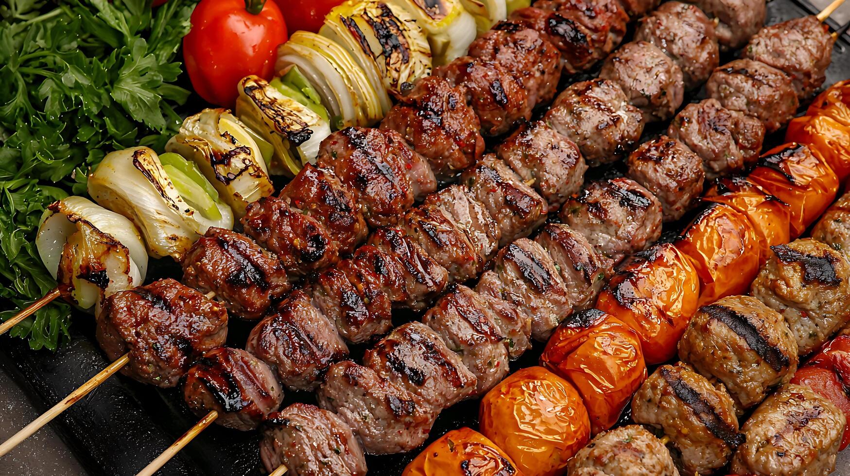 Close up of Delicious Grilled Kebabs with Vegetables. A mouthwatering image perfect for food blogs, cookbooks, and restaurant menus. photo