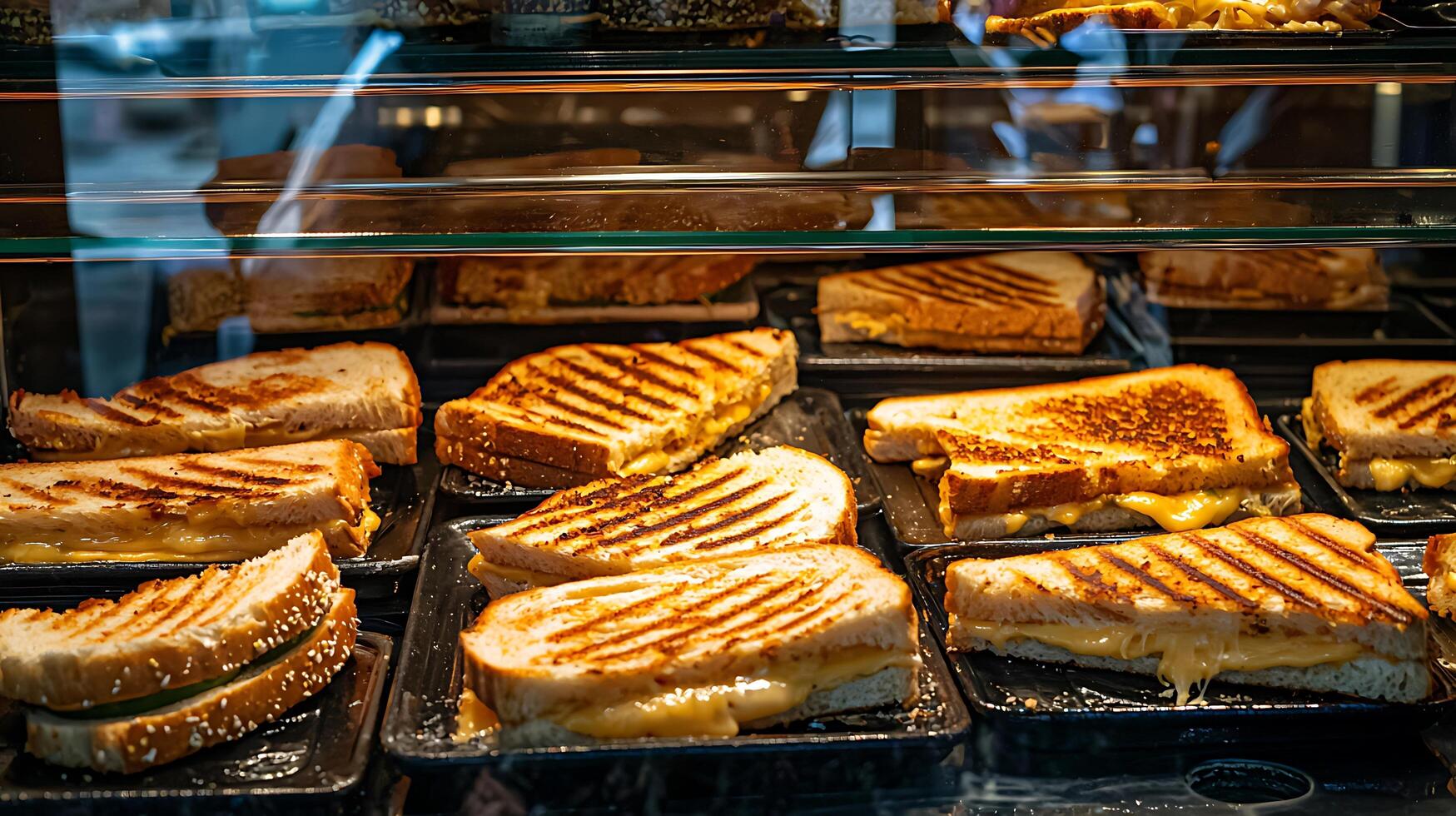 Delicious Grilled Cheese Sandwiches Displayed in a Glass Case. photo