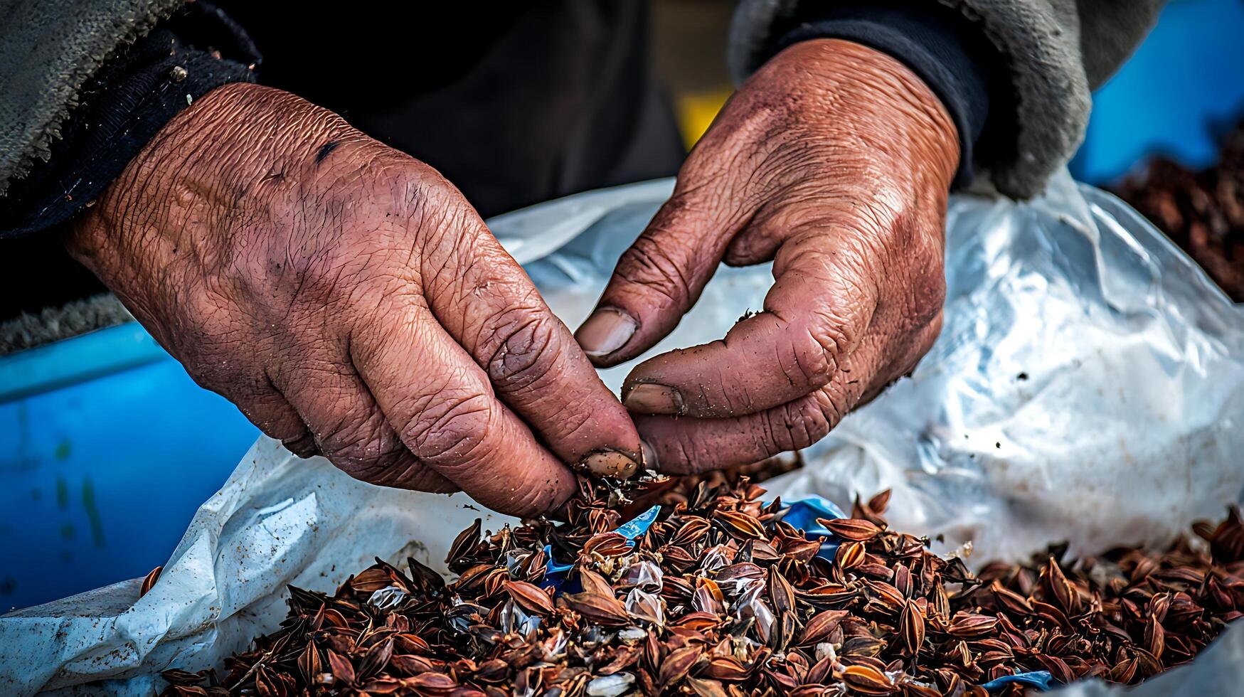 Close Up of Hands Sorting Dried Seeds. A detailed image showcasing the texture and age of weathered hands carefully handling a pile of seeds. photo
