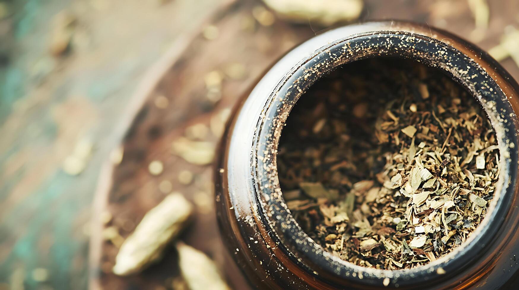 Close Up of Dried Herbs and Spices in a Glass Jar. A detailed image perfect for culinary, health, or wellness projects. photo