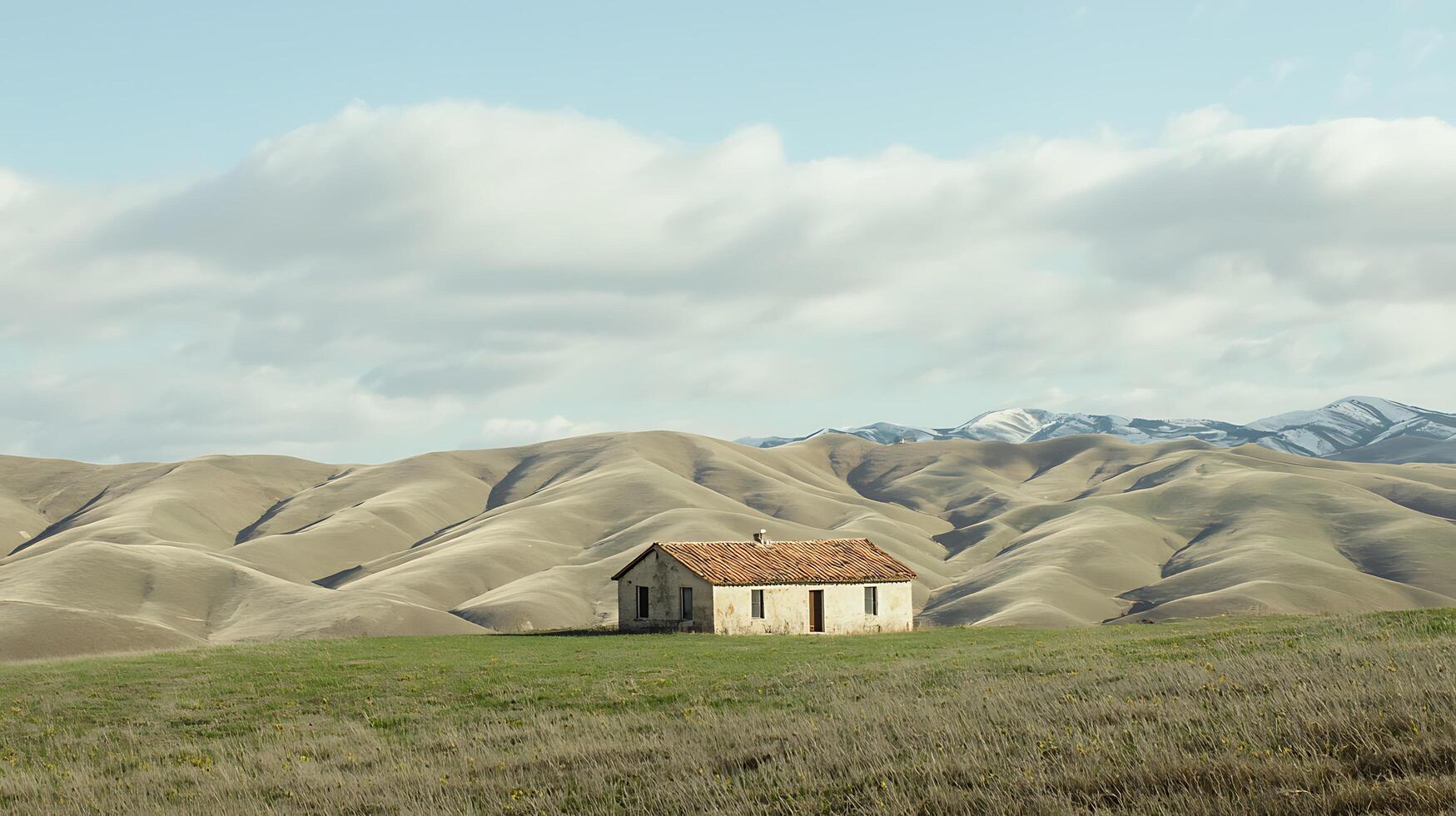 Solitary Farmhouse on Rolling Hills with Mountain View. A tranquil landscape photograph of a rustic house in a remote, mountainous region. photo