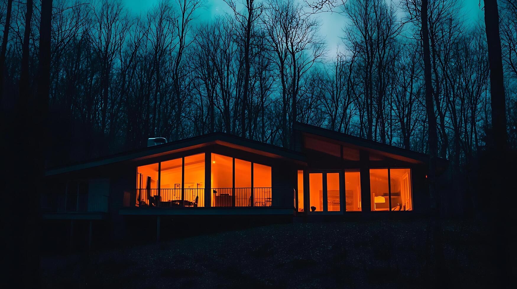 Illuminated Modern House in the Woods at Night. A glowing interior contrasts with the dark forest surrounding this contemporary home. photo