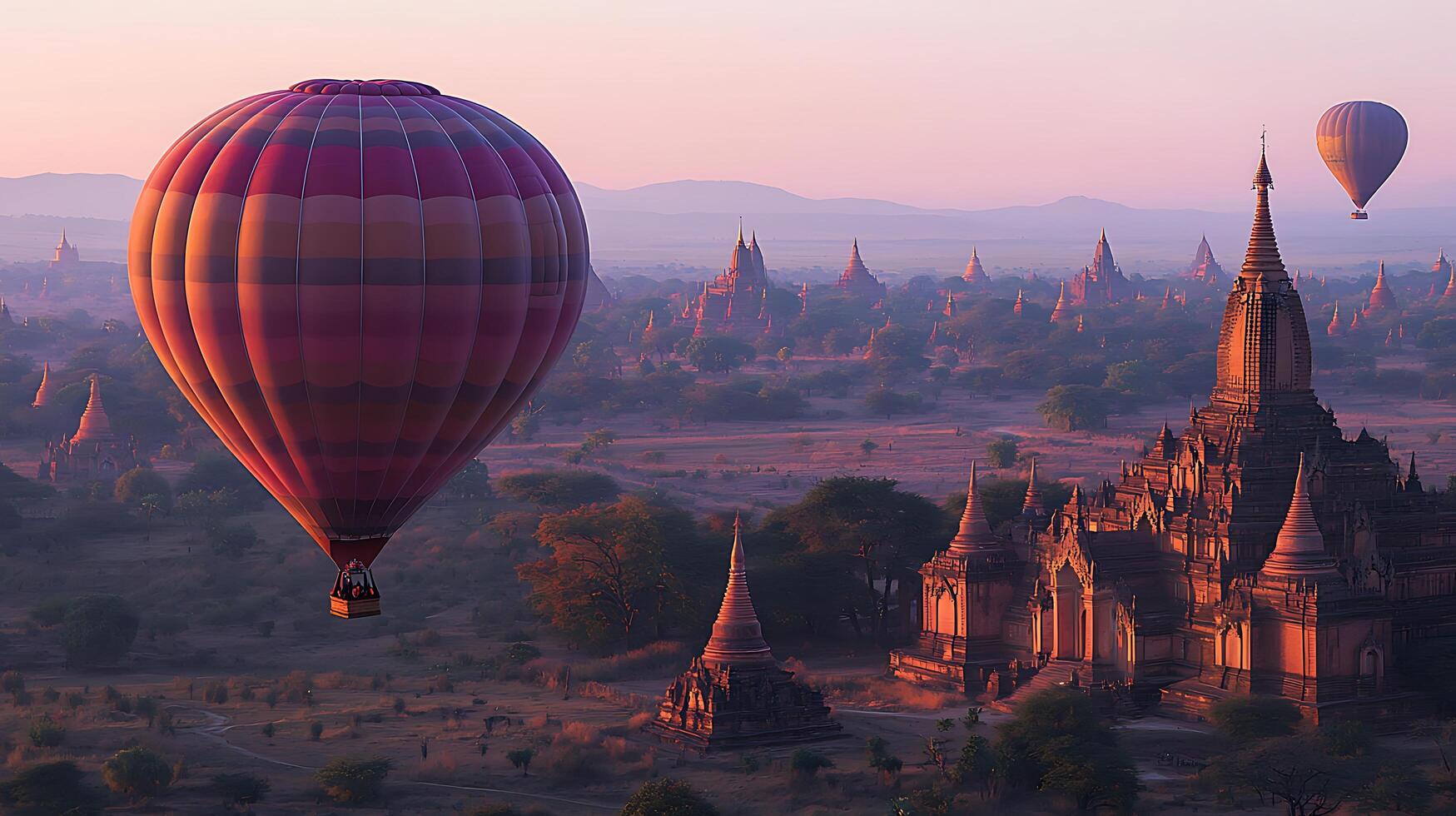 Hot Air Balloon Ride Over Ancient Temples at Sunrise in Bagan, Myanmar. photo