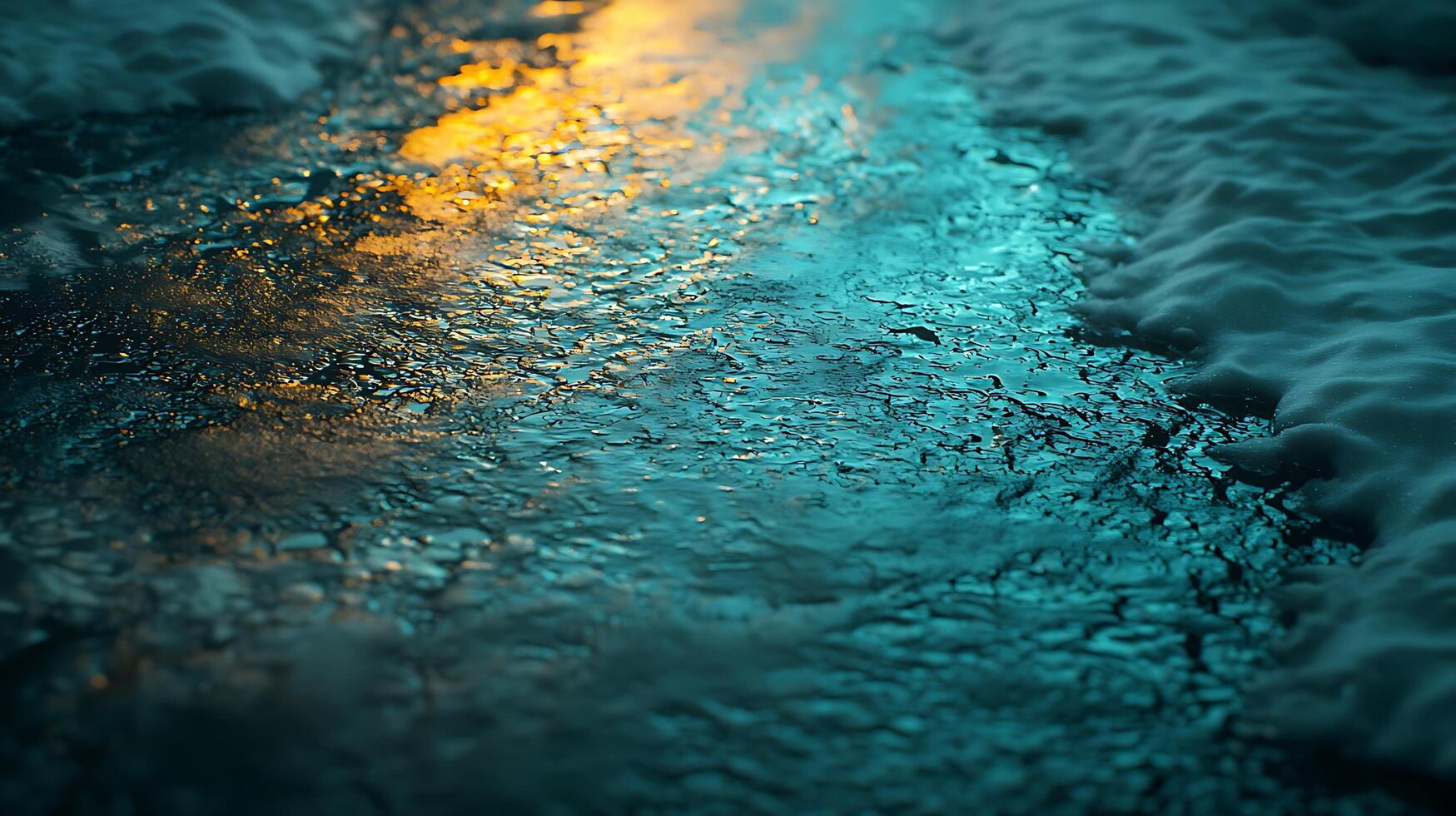 Abstract Image of Icy Surface with Warm Light Reflections. A close up shot of melting ice showing intricate textures and warm light reflections. photo