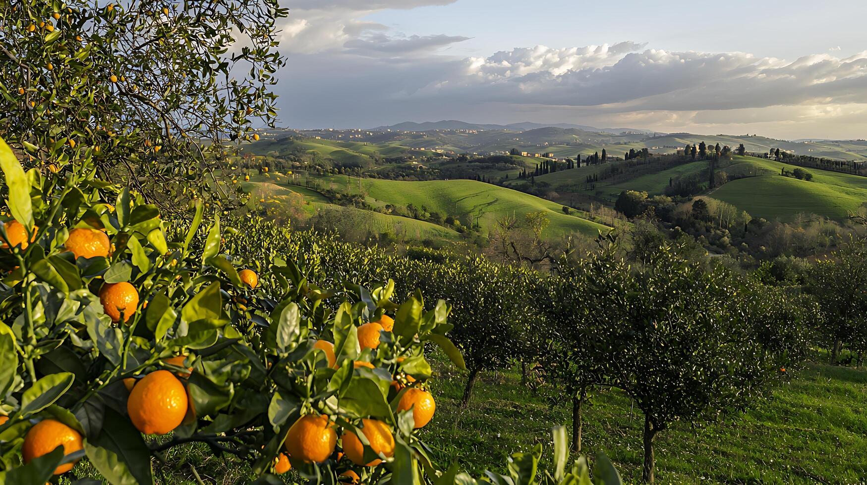 Tuscan Landscape with Orange Grove and Rolling Hills. A picturesque view of citrus trees laden with ripe oranges, set against the backdrop of the scenic Italian countryside. photo