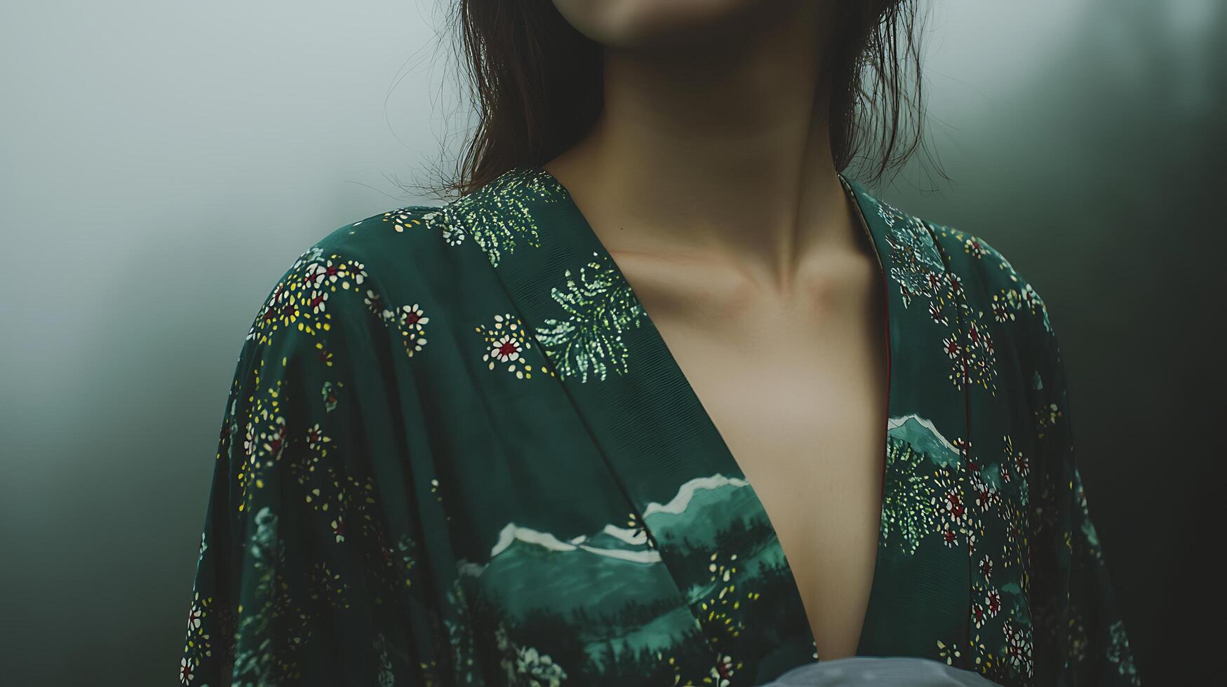 Close Up of a Woman Wearing a Green Kimono with Floral and Mountain Print. The image showcases the intricate details of the garment. photo