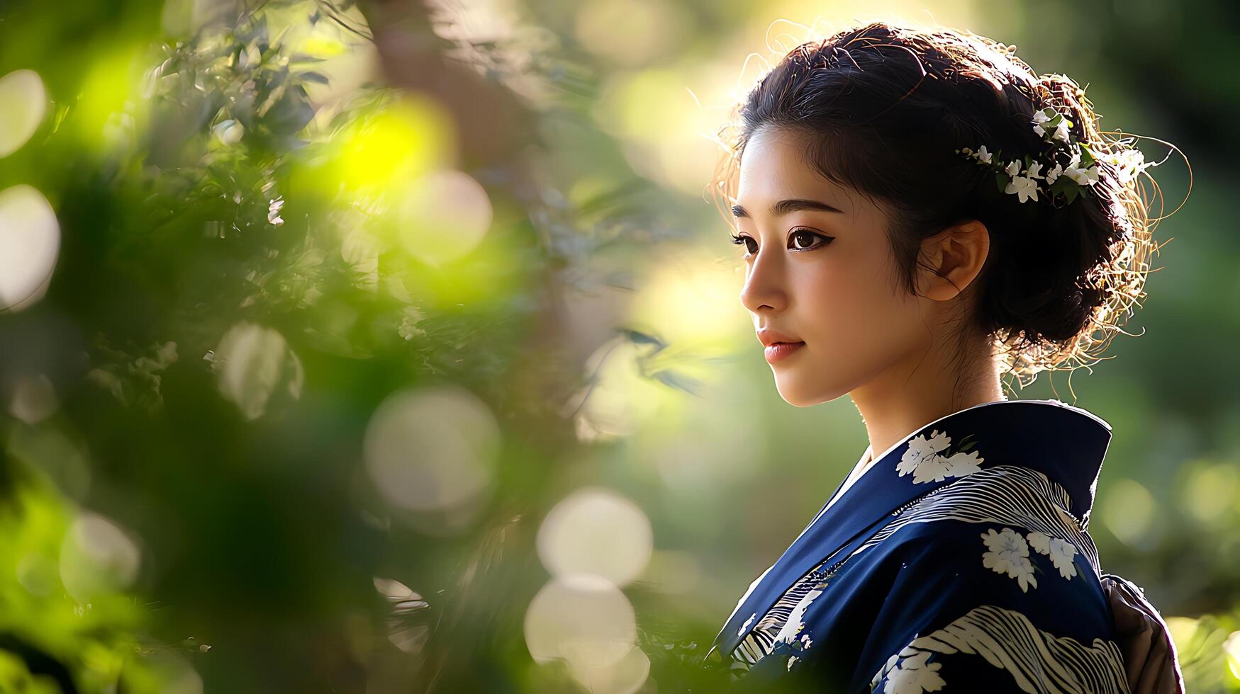 Serene Beauty A Young Woman in Traditional Japanese Kimono Amidst Lush Greenery. photo