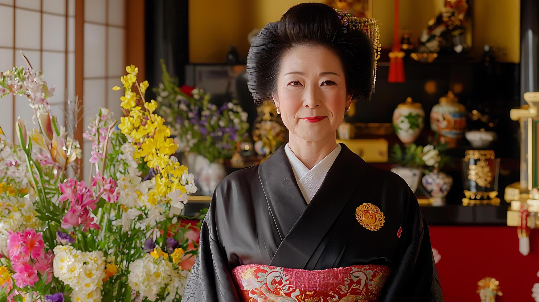 Elegant Japanese Woman in Traditional Black Kimono, Portrait. photo