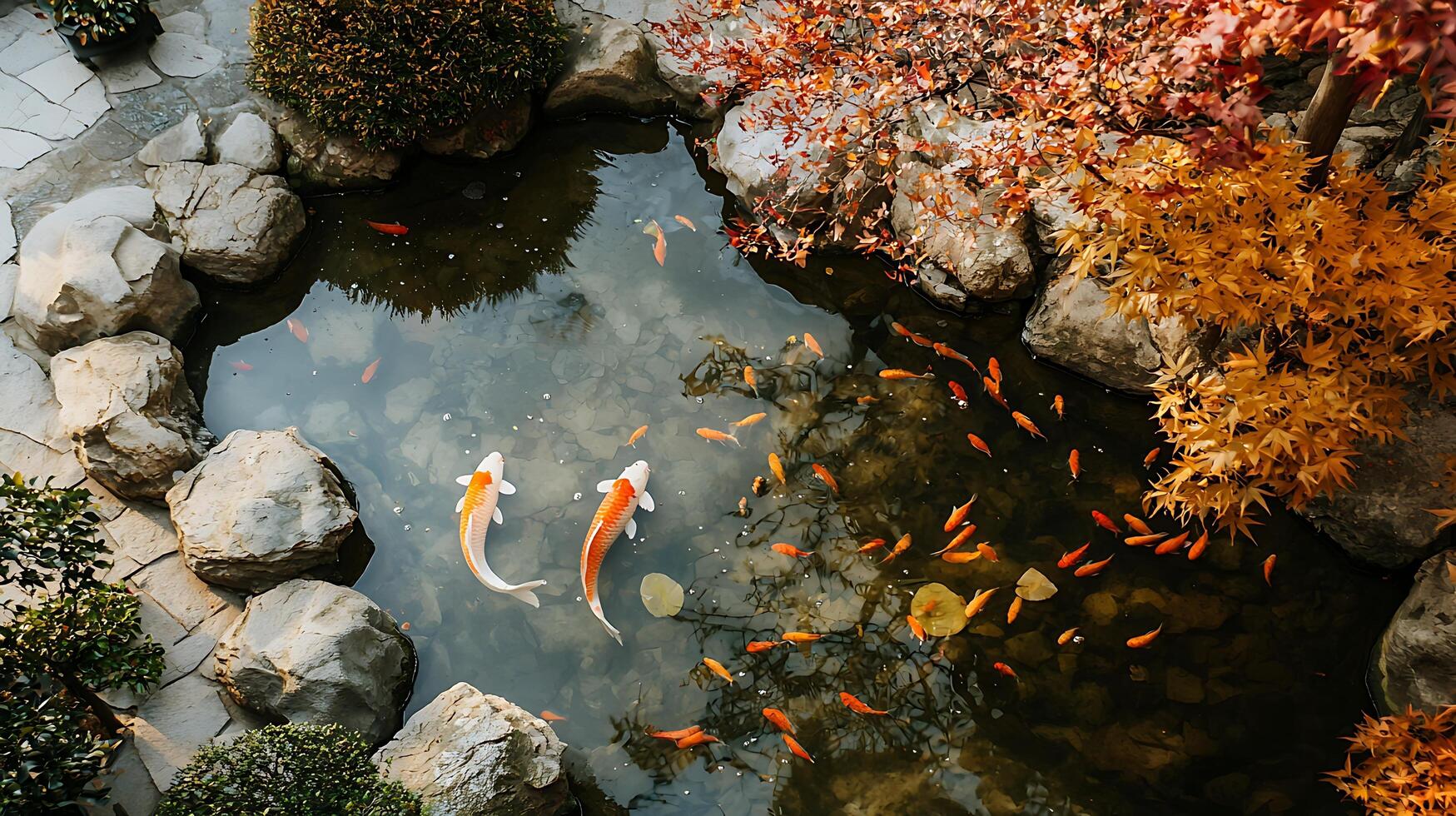 Serene Koi Pond in Autumn Garden Two Koi Fish and Goldfish Swim Amongst Colorful Maple Leaves. photo