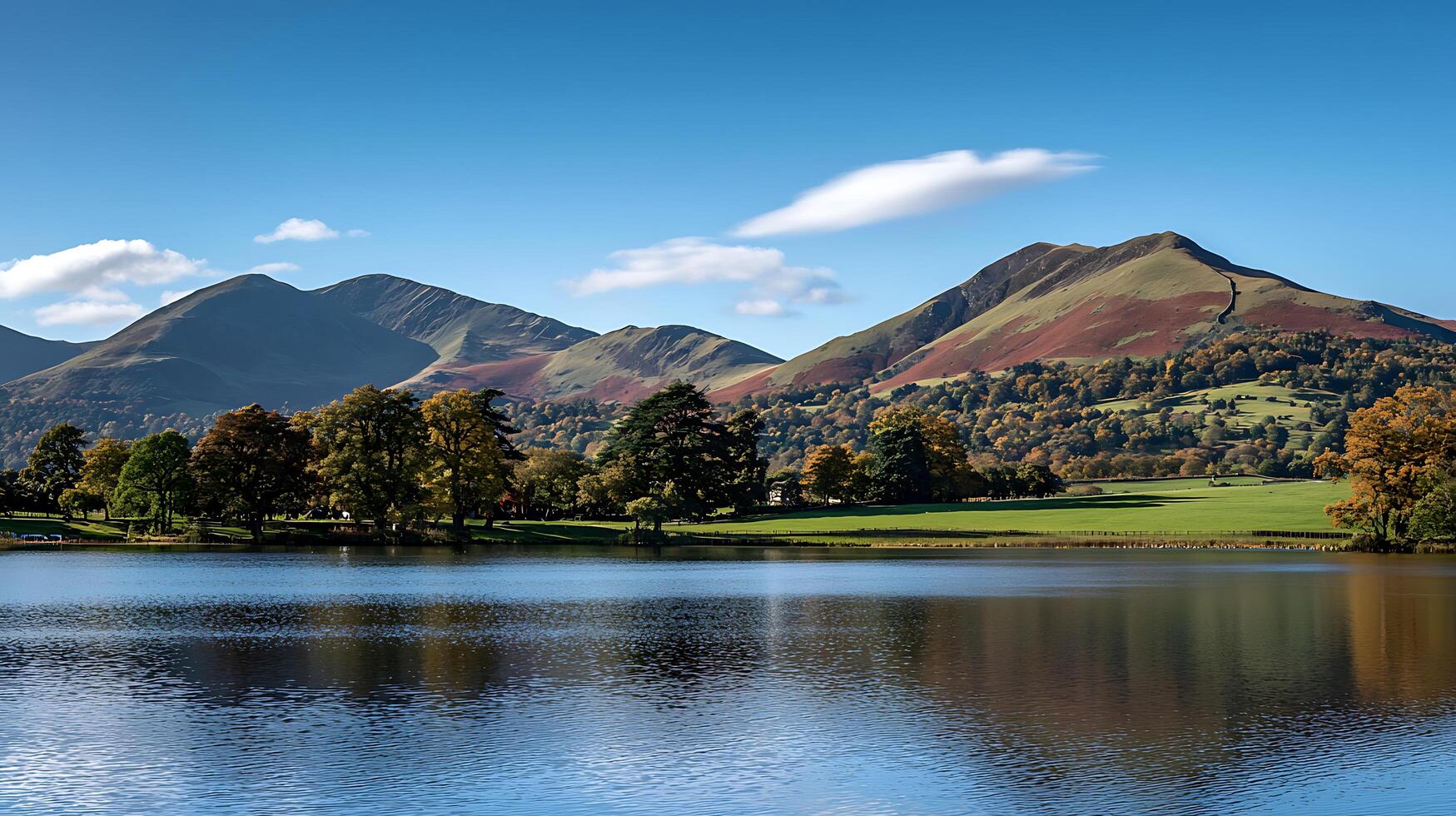 Serene Autumnal Lake with Mountain Reflection. A picturesque landscape featuring a tranquil lake reflecting colorful autumn hills and a clear blue sky. photo