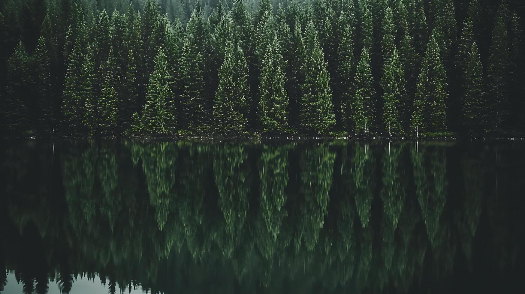 Serene Reflection of Evergreen Trees in a Calm Lake. A stunning natural landscape image perfect for tranquil themes. photo