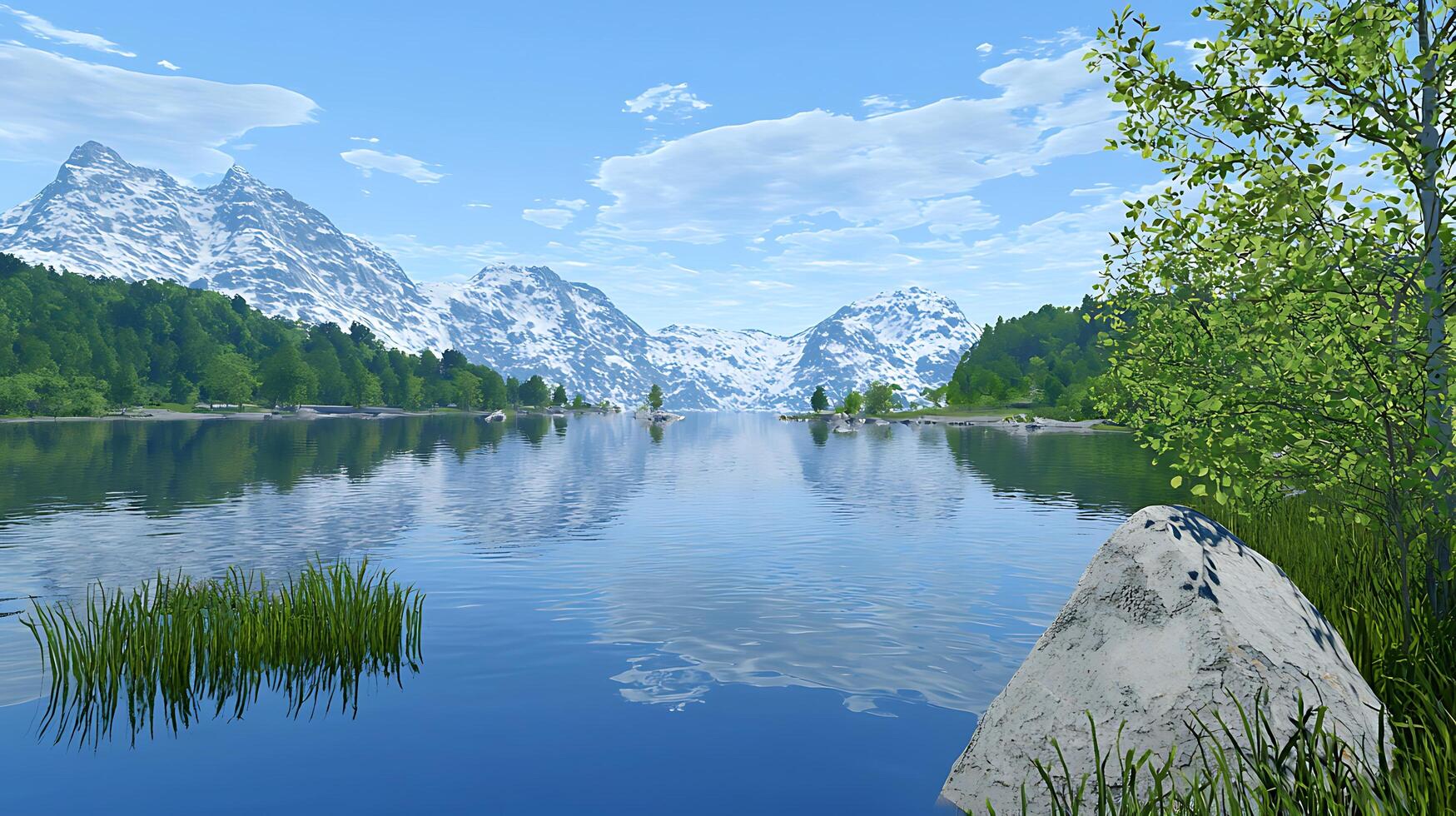 Serene Mountain Lake Landscape A Breathtaking View of Snow-Capped Peaks and Lush Greenery. photo