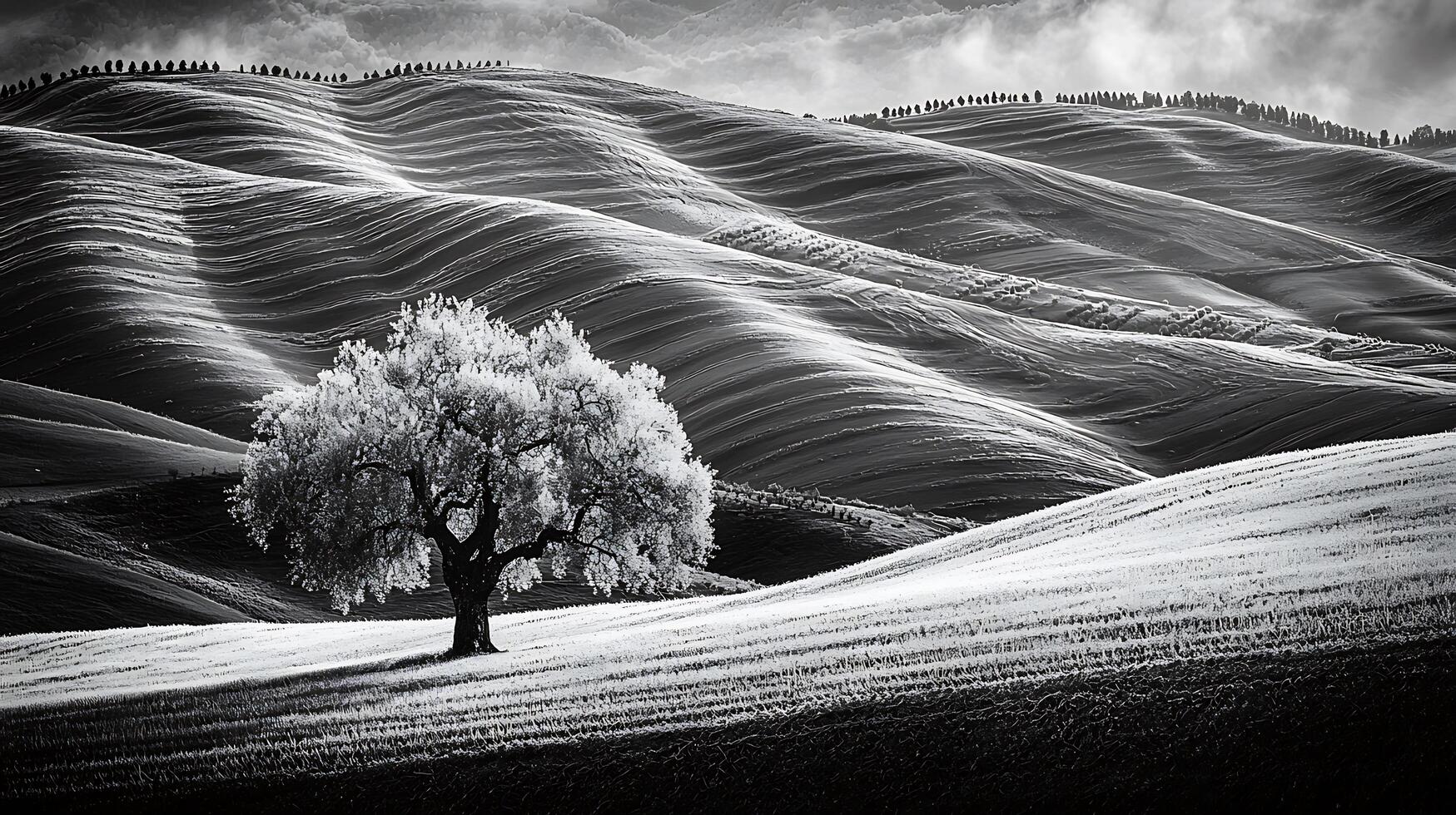 Solitary Tree on Rolling Hills A Black and White Landscape Photograph. photo