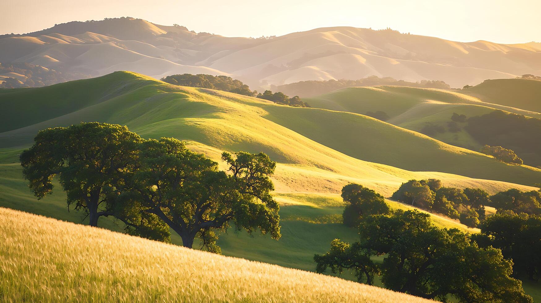 Golden Hour Landscape Rolling Hills and Oak Trees at Sunset. photo
