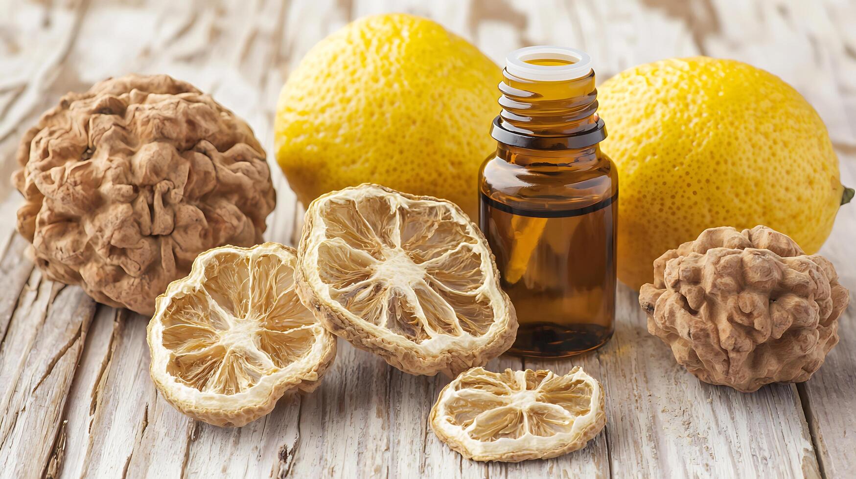 Aromatic Lemon Essential Oil with Dried Lemons and Walnuts. photo