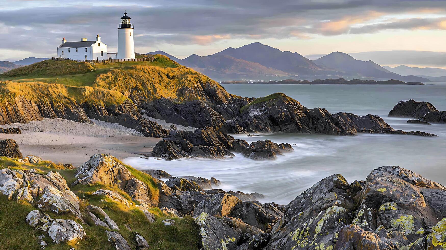 Coastal Lighthouse at Sunset with Dramatic Mountain Views. A scenic image featuring a white lighthouse perched on a rocky cliff overlooking a tranquil ocean and majestic mountains. photo