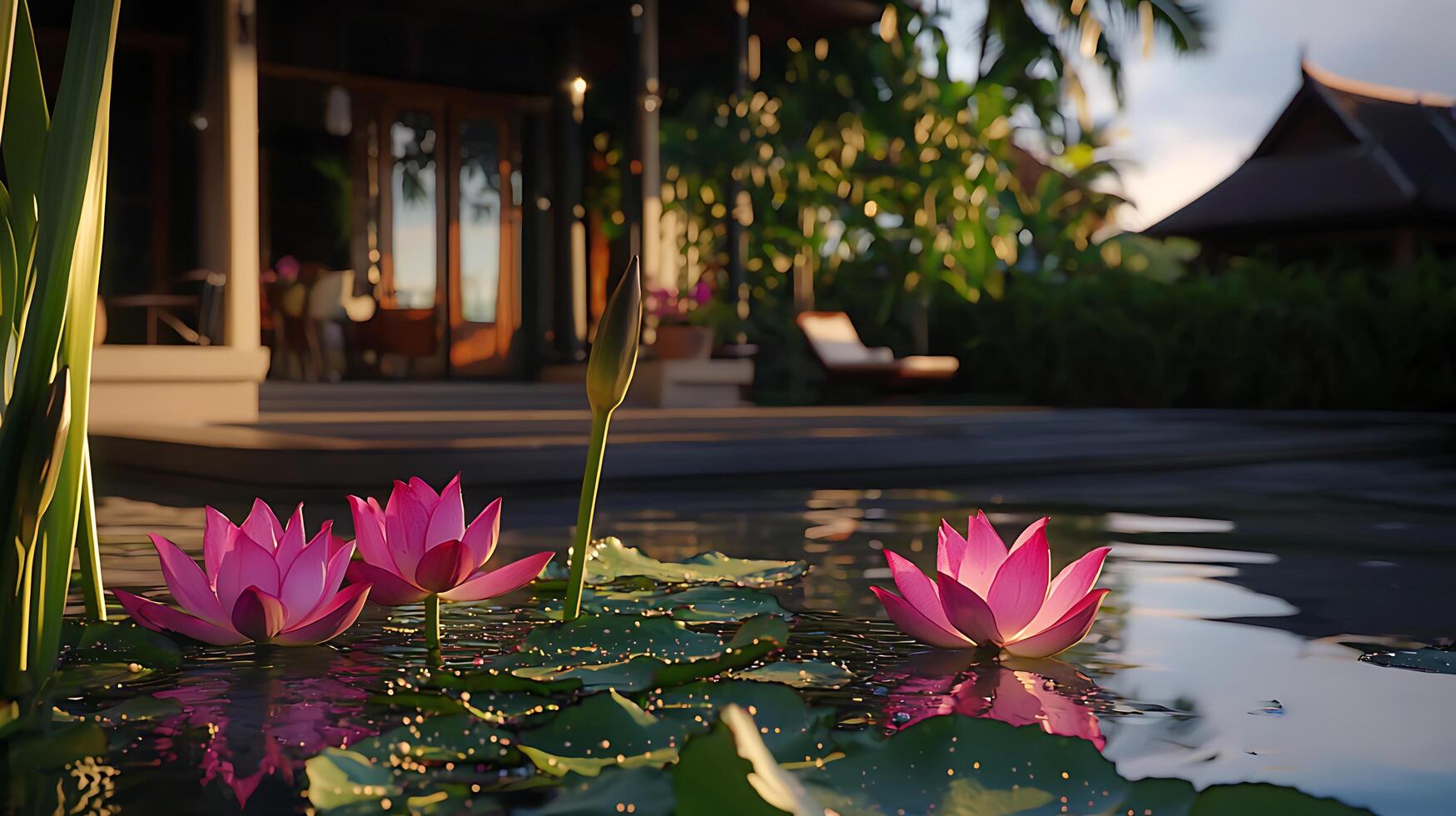 Serene Pink Lotus Blossoms in a Tropical Garden Pond at Sunset. A tranquil scene of blooming water lilies reflecting in calm water near a luxurious resort. photo