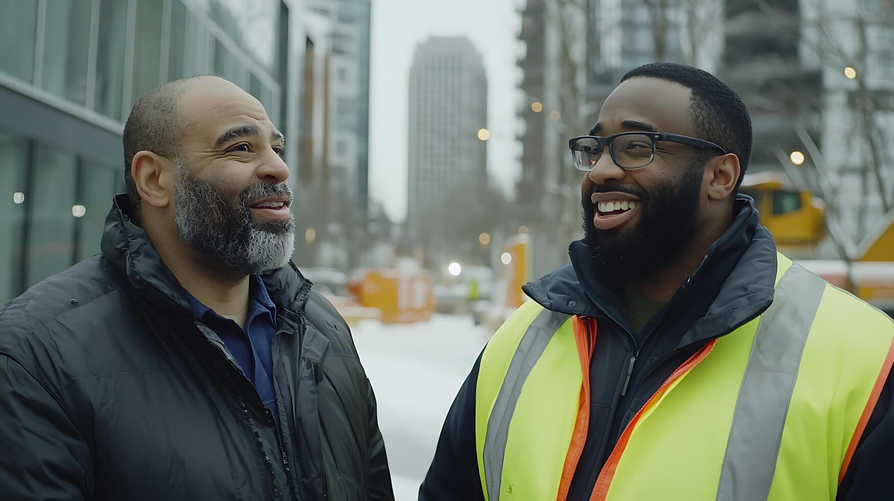 Two Men in Conversation on a City Street in Winter. A candid shot of two diverse colleagues talking outdoors in an urban setting. photo