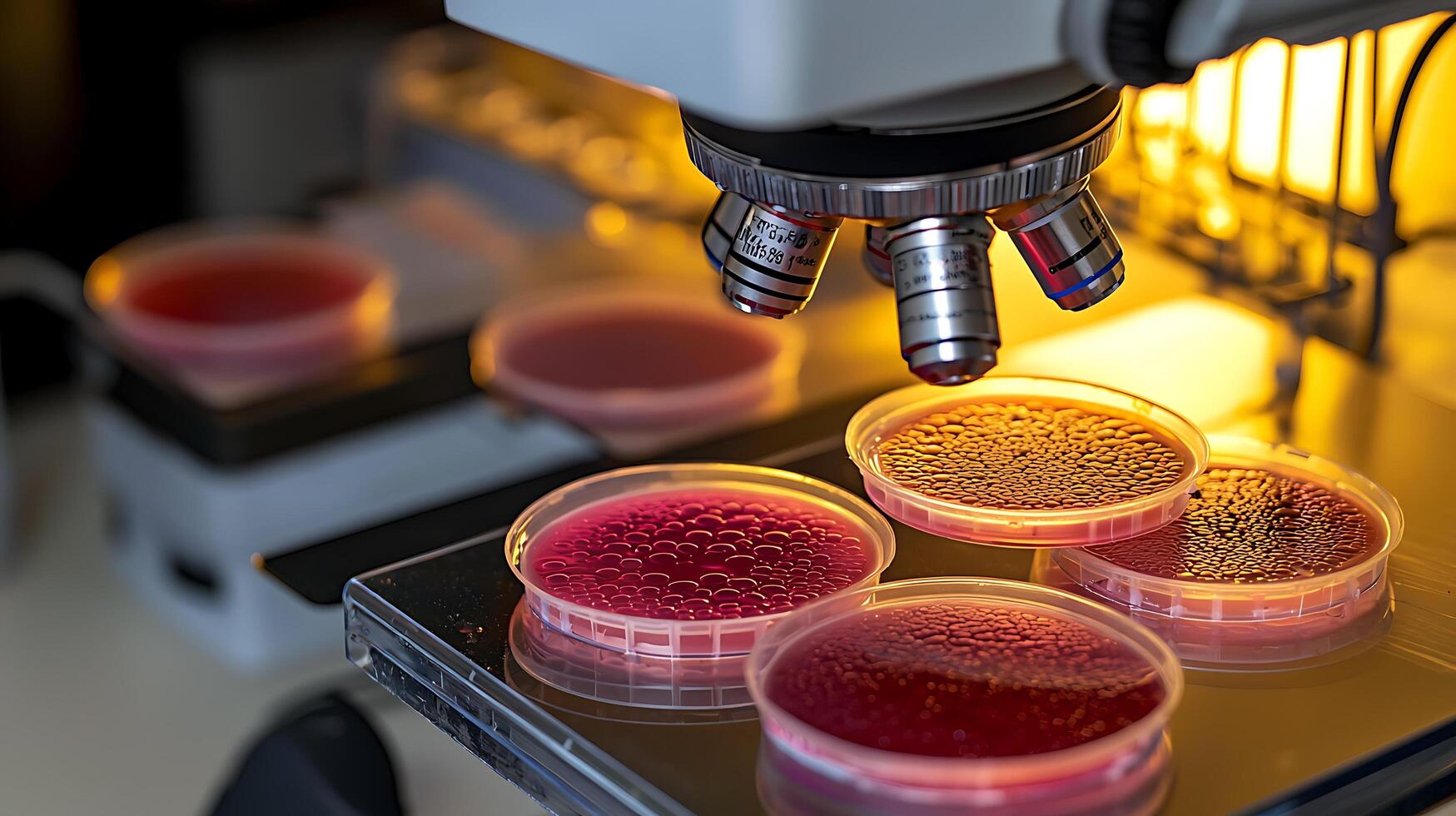Microscopic Examination of Cultures in a Scientific Laboratory. A close up of petri dishes under a microscope. photo