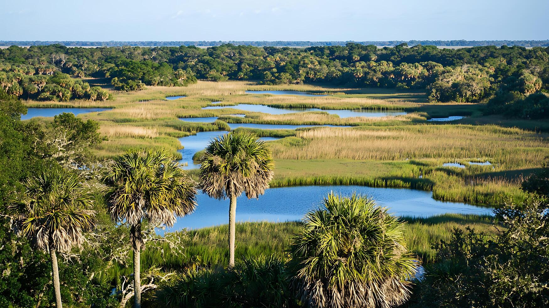 Serene Coastal Marsh Landscape with Palm Trees and Winding Waterways. photo