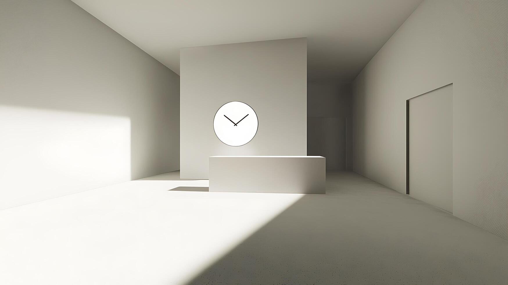 Minimalist Interior Design Bright Room with Simple Clock and White Counter. photo